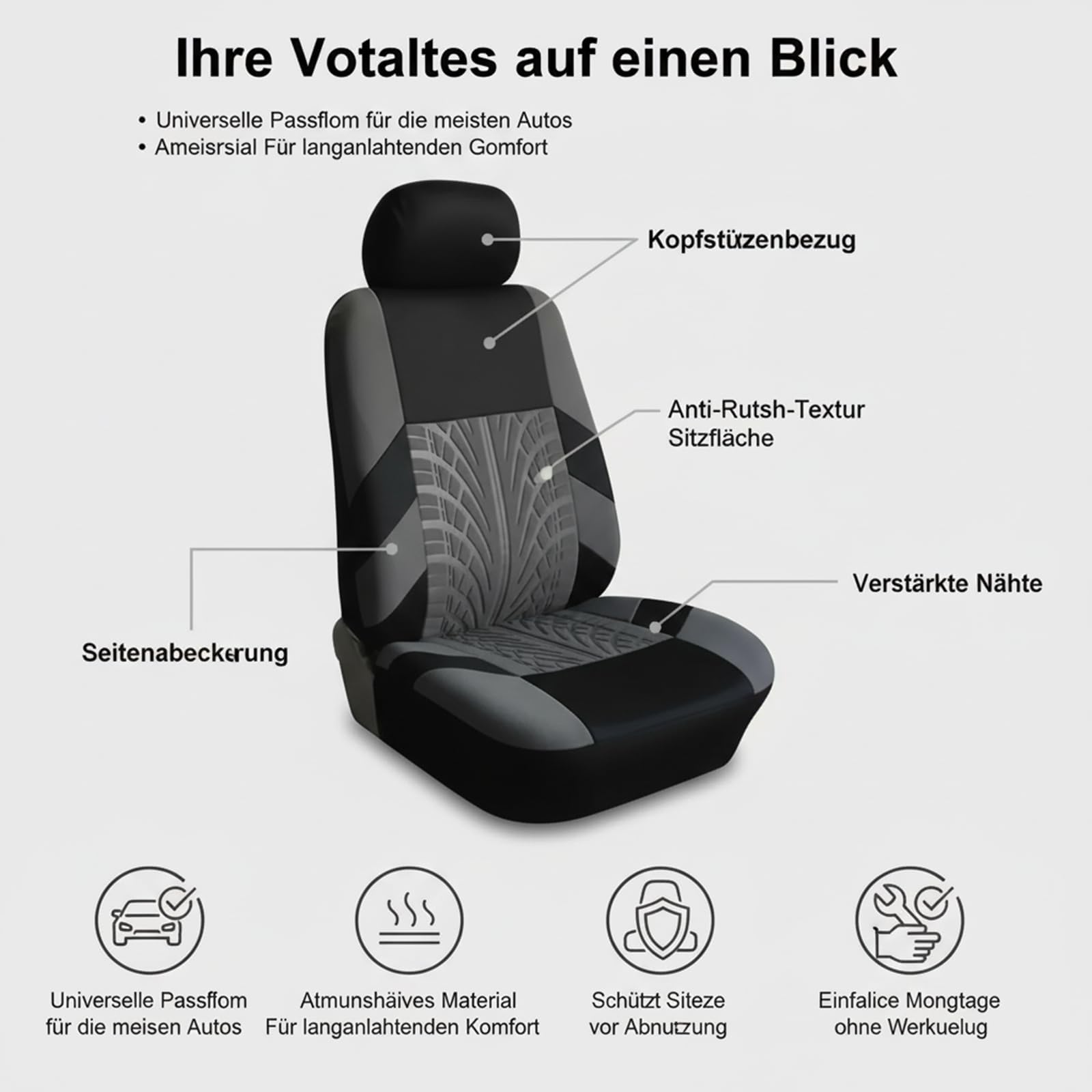 Autositzbezüge Universal Fit Sitzbezüge Auto Komplettset für 5 Sitze, Vierjahreszeiten Sitzbezügesets, Atmungsaktiv, Strapazierfähig, Pflegeleicht, Vollschutz mit 3D Prägung (Grau)