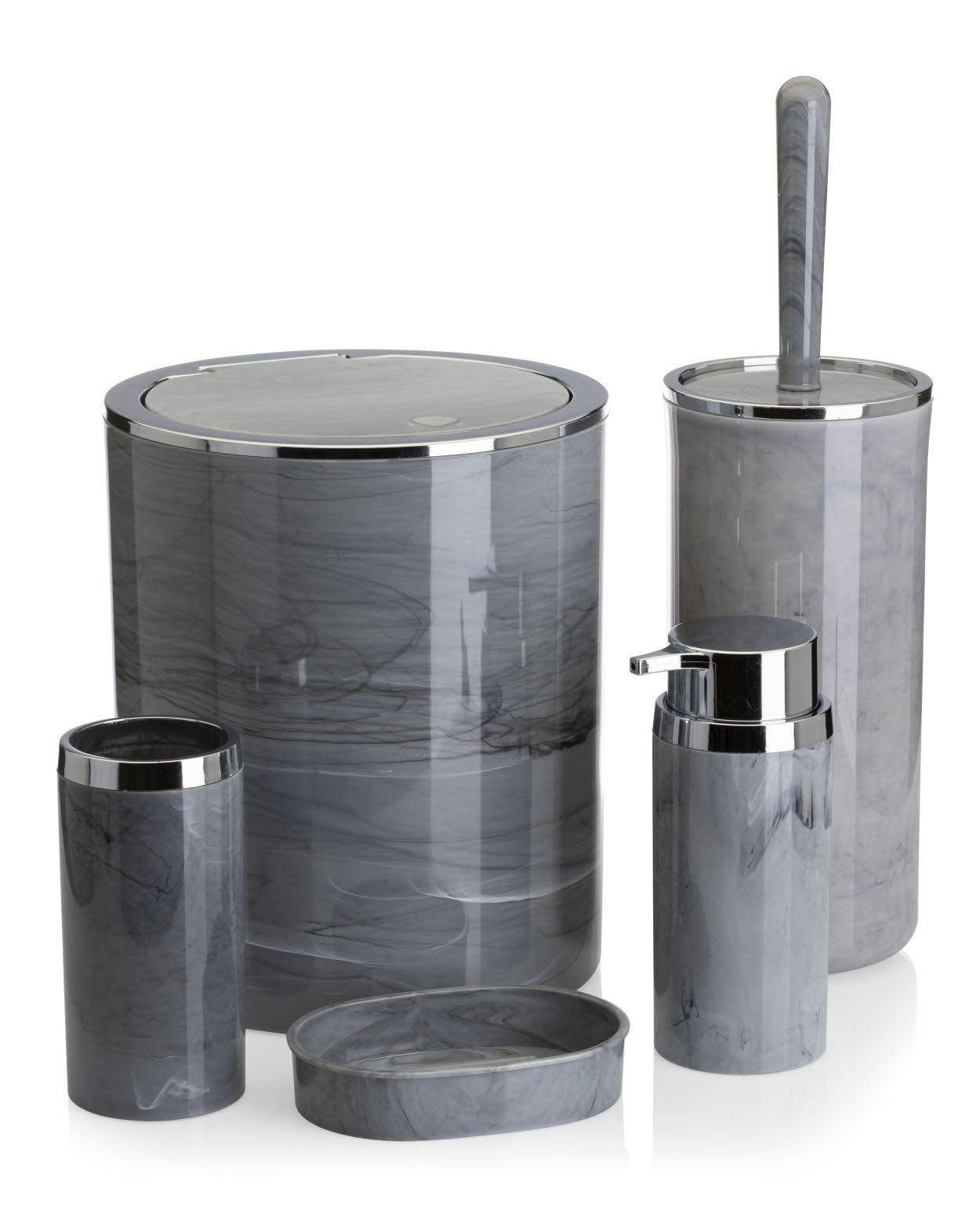 HowHomely Set of Toilet Brush Grey Marble Look Bathroom Bin Soap Dispenser Soap Dish Toothbrush Holder Bathroom and Toilet Brush Grey