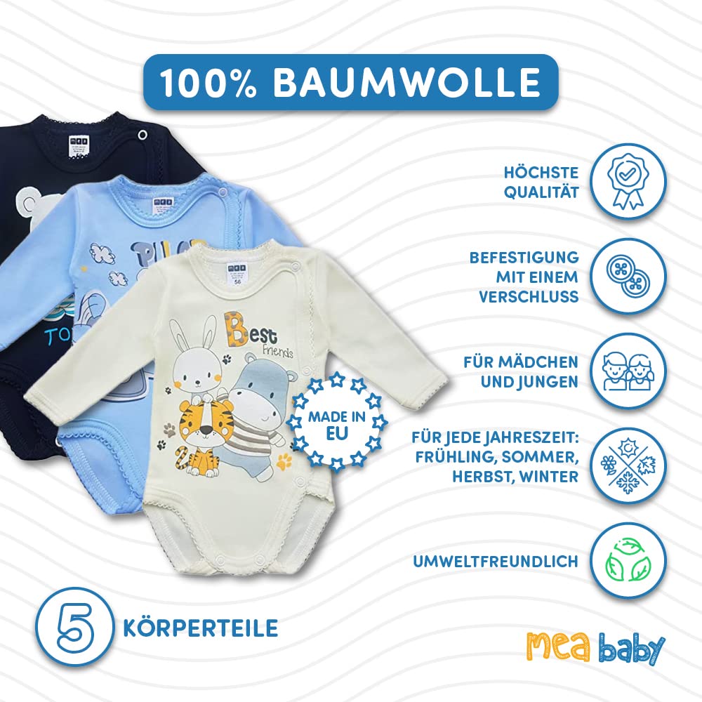 MEA BABY body de bebé unisex cruzado de manga larga 100% algodón, juego de 5, con estampado para niñas y niños (62, niño3)