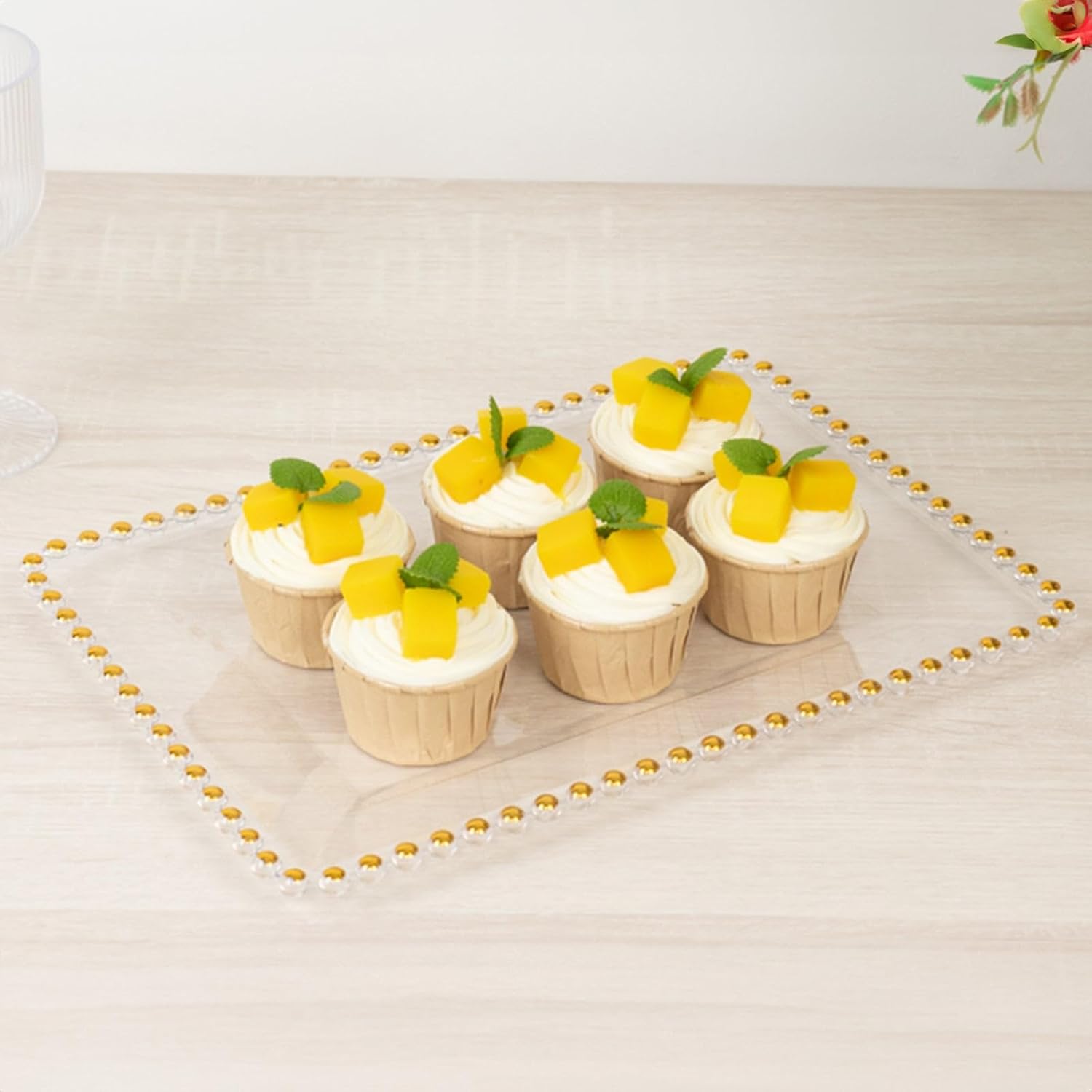 Efavormart 6 Pack Acrylic Serving Trays with Gold Beaded Rim, Clear Rectangular Food and Dessert Platters - 9"x13"