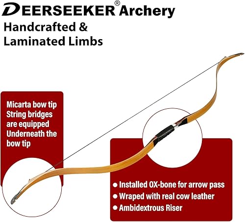 Miniatura 7 de Deerseeker Outdoor Arco largo tradicional de 52 pulgadas, hecho a mano, arcos recurvos ambidiestros, juego de arco de caballo tártaro para adultos y