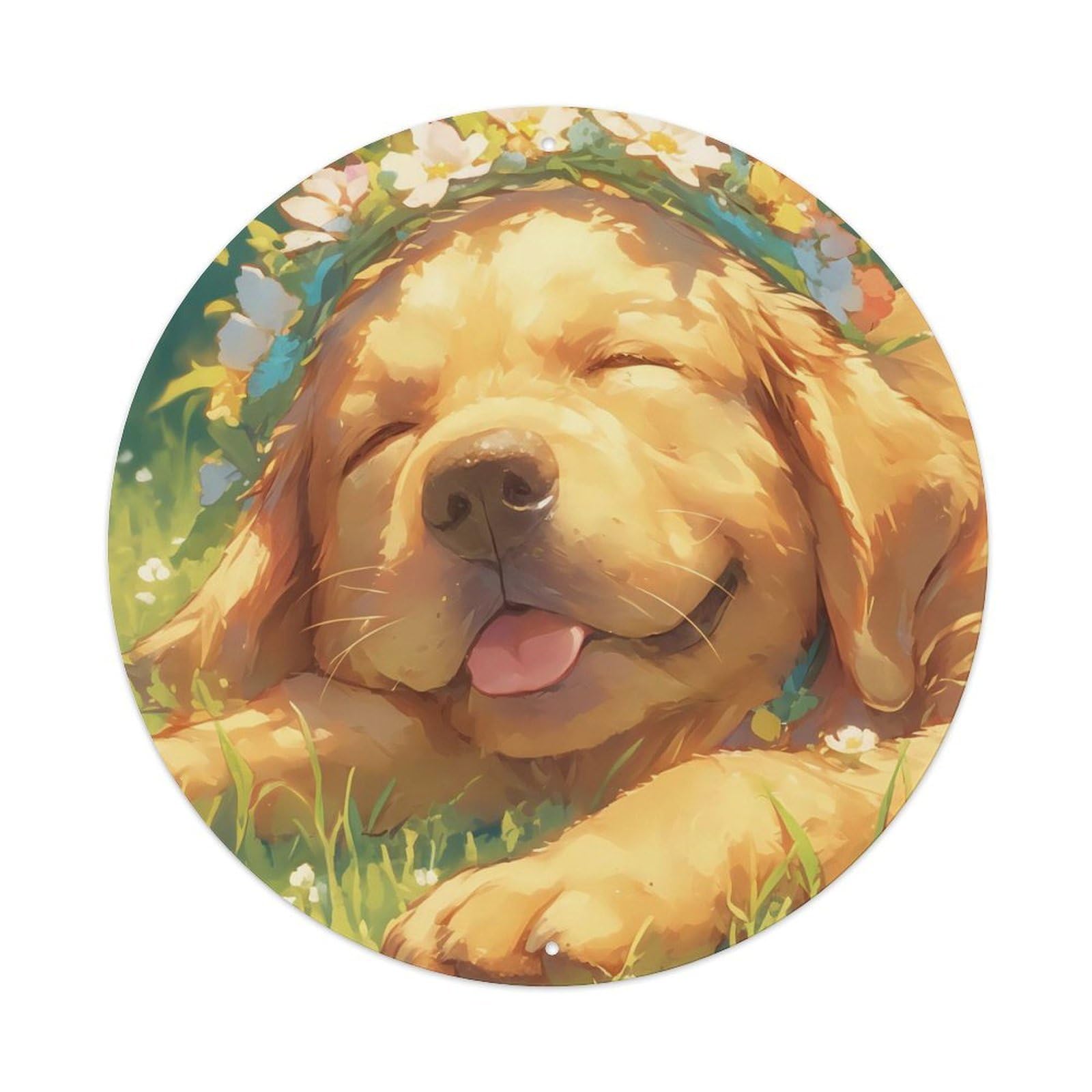 Animal Artwork Puppy Sleeping in The Grass Vintage Metal Tin Sign Plaque Wall Decor for Cafe, Club Bar, Office, Garden Metal Poster 8x8Inch