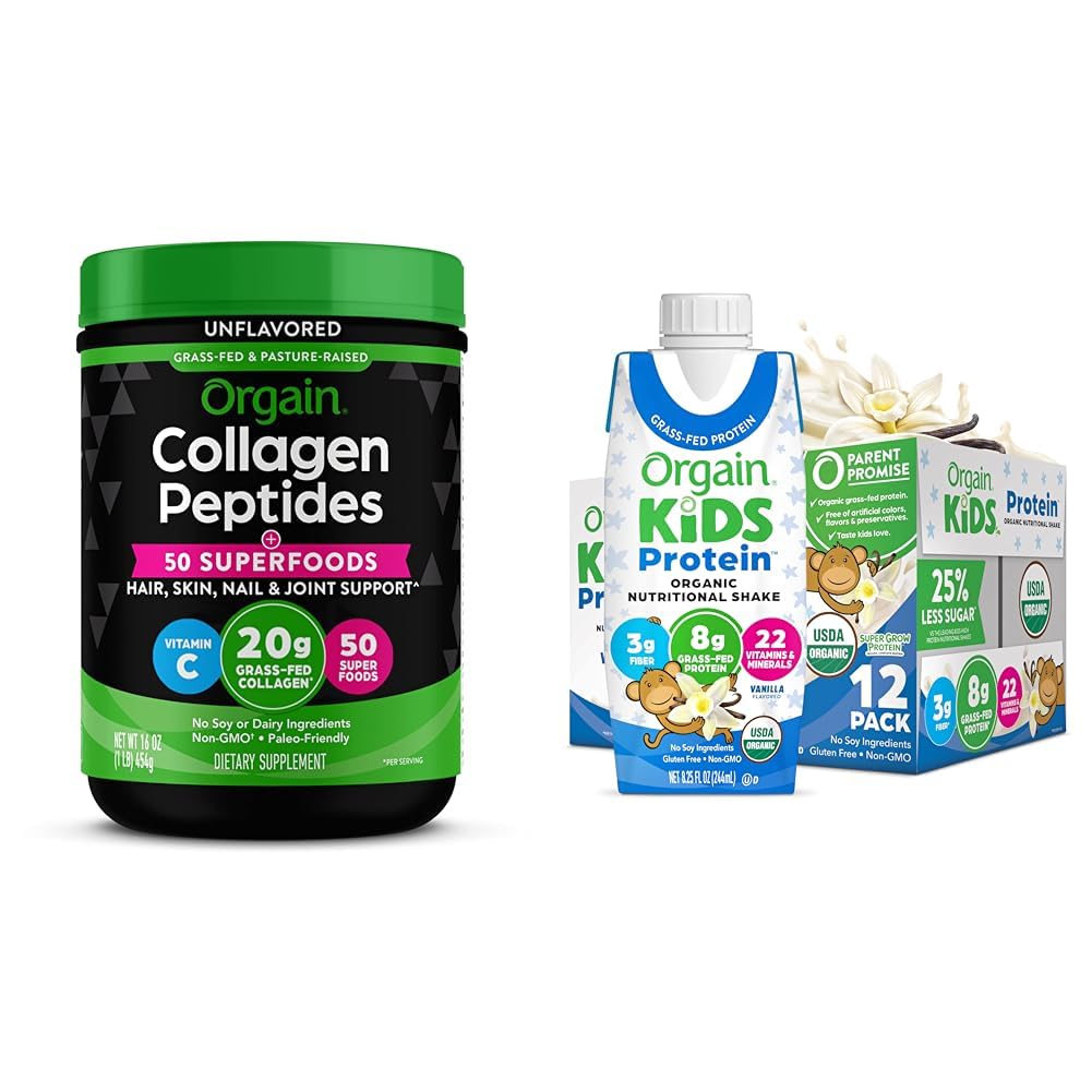 Bundle of Orgain Hydrolyzed Collagen Powder + 50 Organic Superfoods, 20g Grass Fed Collagen, 1lb + Orgain Organic Kids Nutritional Protein Shake, Vanilla, 8g Da
