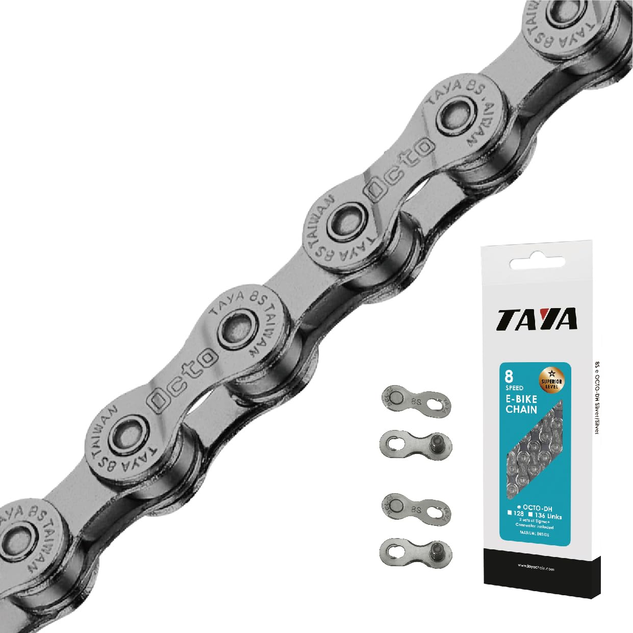 TAYA e-OCTO-DH Single & 7-8 Speed Bike Chain, 136 Links, GST Rust-Proof, Durable and Smooth Shifting, for E-Bike and MTB, for Gravel and MTB