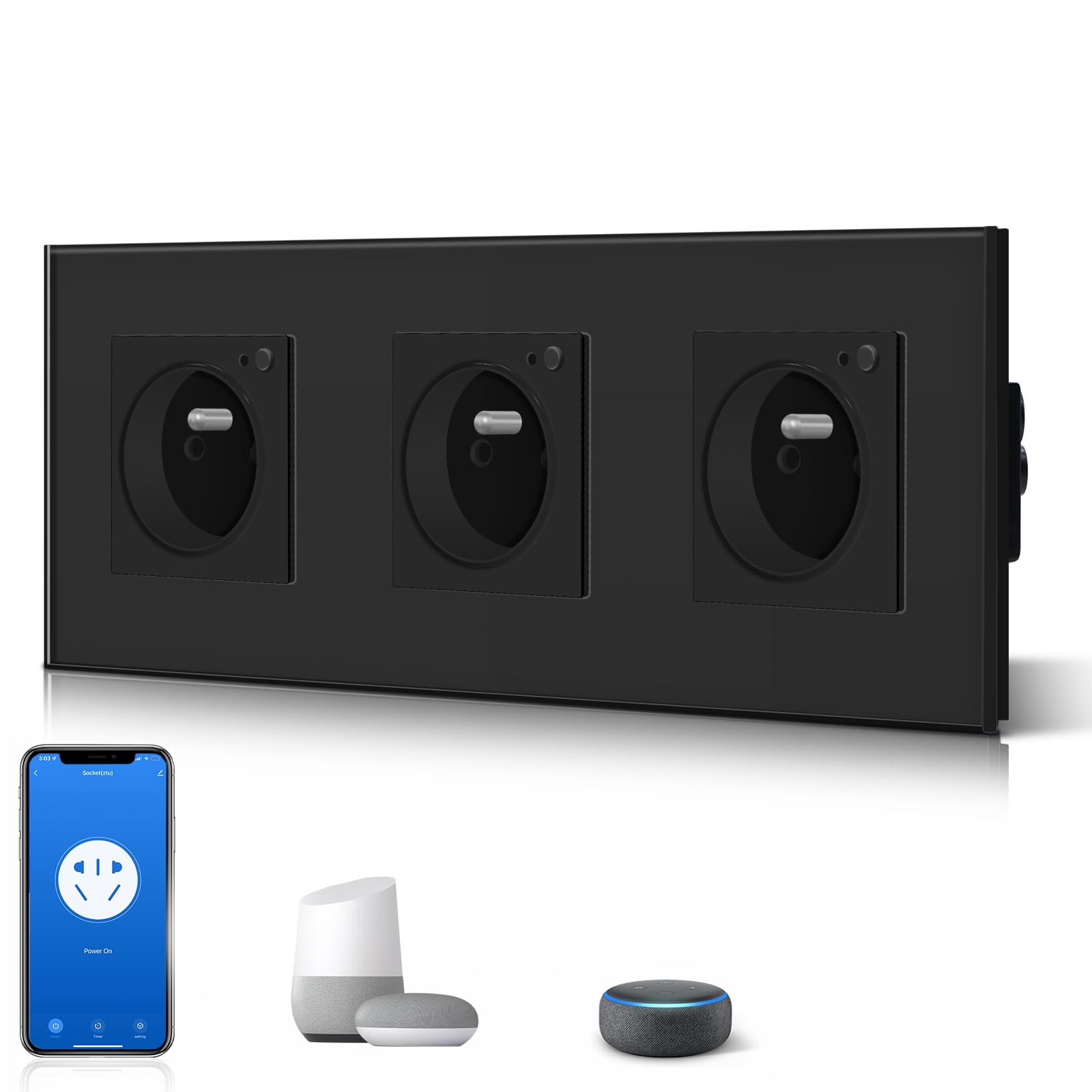 BSEED Prise Murale Connectée, Prise Electrique Intelligente Compatible avec Alexa/Google Home/Tuya APP, Contrôle Vocal, Prises de courant Wifi 16 Amp 240V 86 * 228mm Noir (Ligne Neutre Requise)