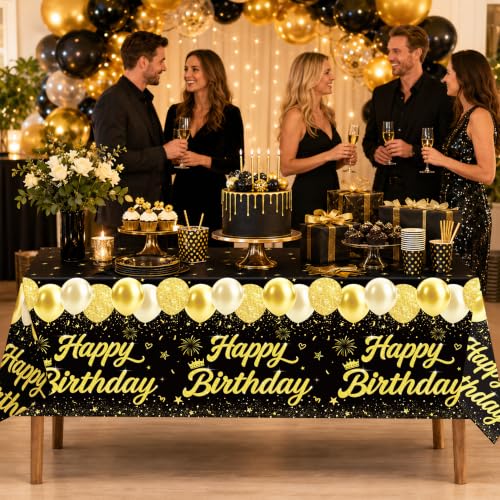 Image of 4 Pack Black and Gold Happy Birthday Tablecloths, 54 x 108 Inch Covers | Black and Gold Birthday Party Decorations for Men, Women and Teens, Ideal for Cake, Dessert, Gift and Buffet Tables