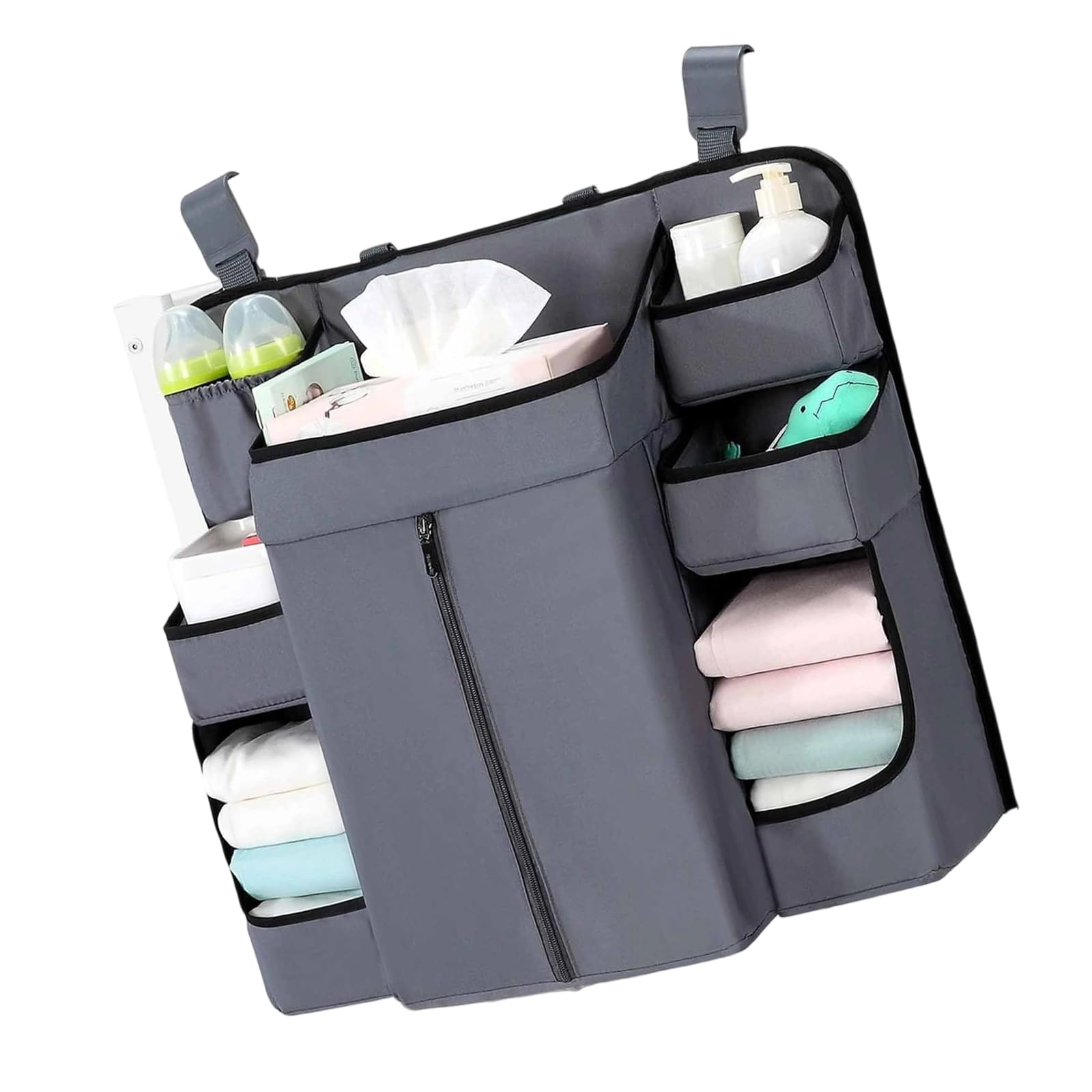 Organizadores colgantes para cuna de bebé, 6 compartimentos, bolsillo grande con cremallera, tela resistente, solución de almacenamiento ajustable para cuna