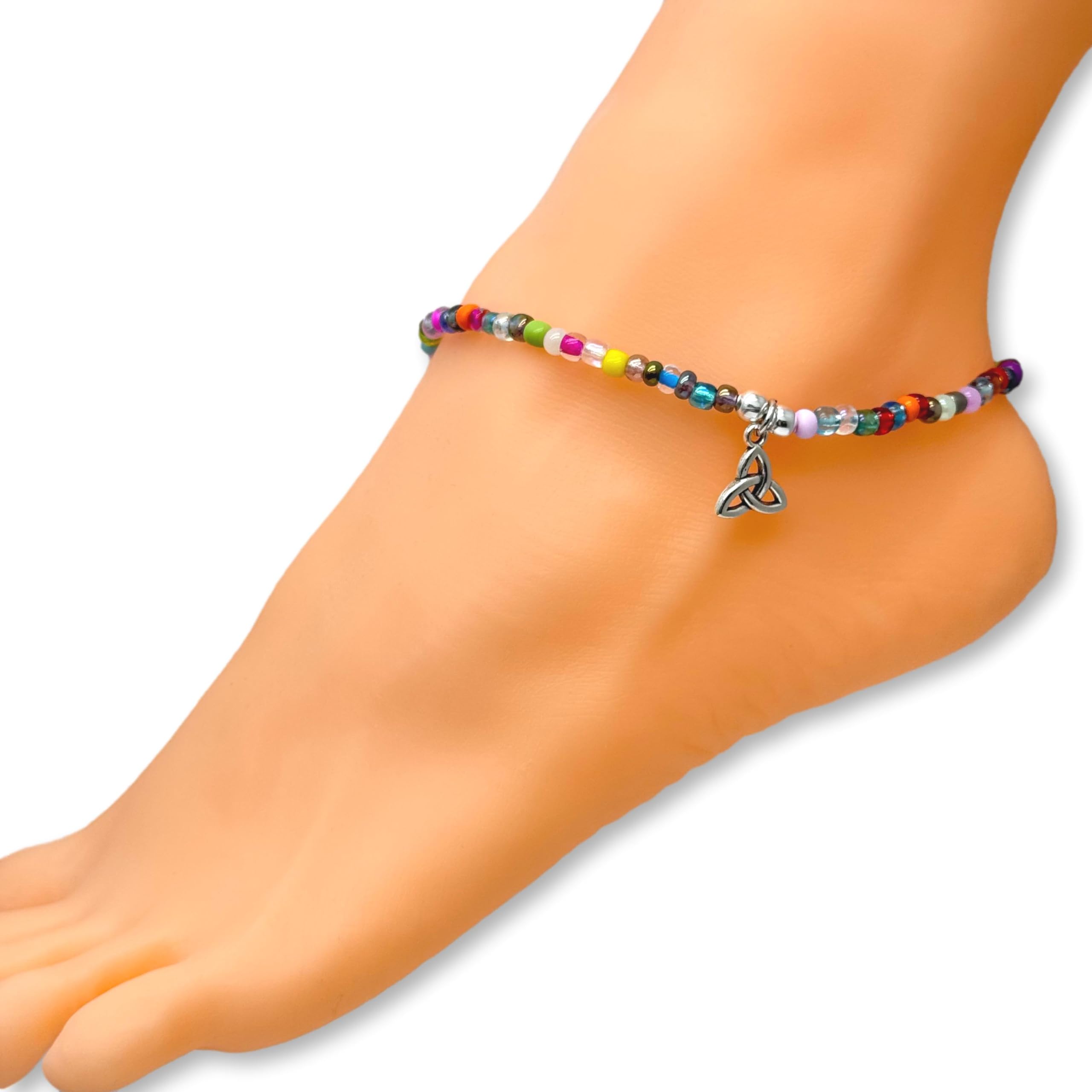 Celtic Knot Charm Beaded Anklet, Multi-Colour Glass Seed Bead Mix with Silver Tone Charm : Size M/L 10 inches - Image 4