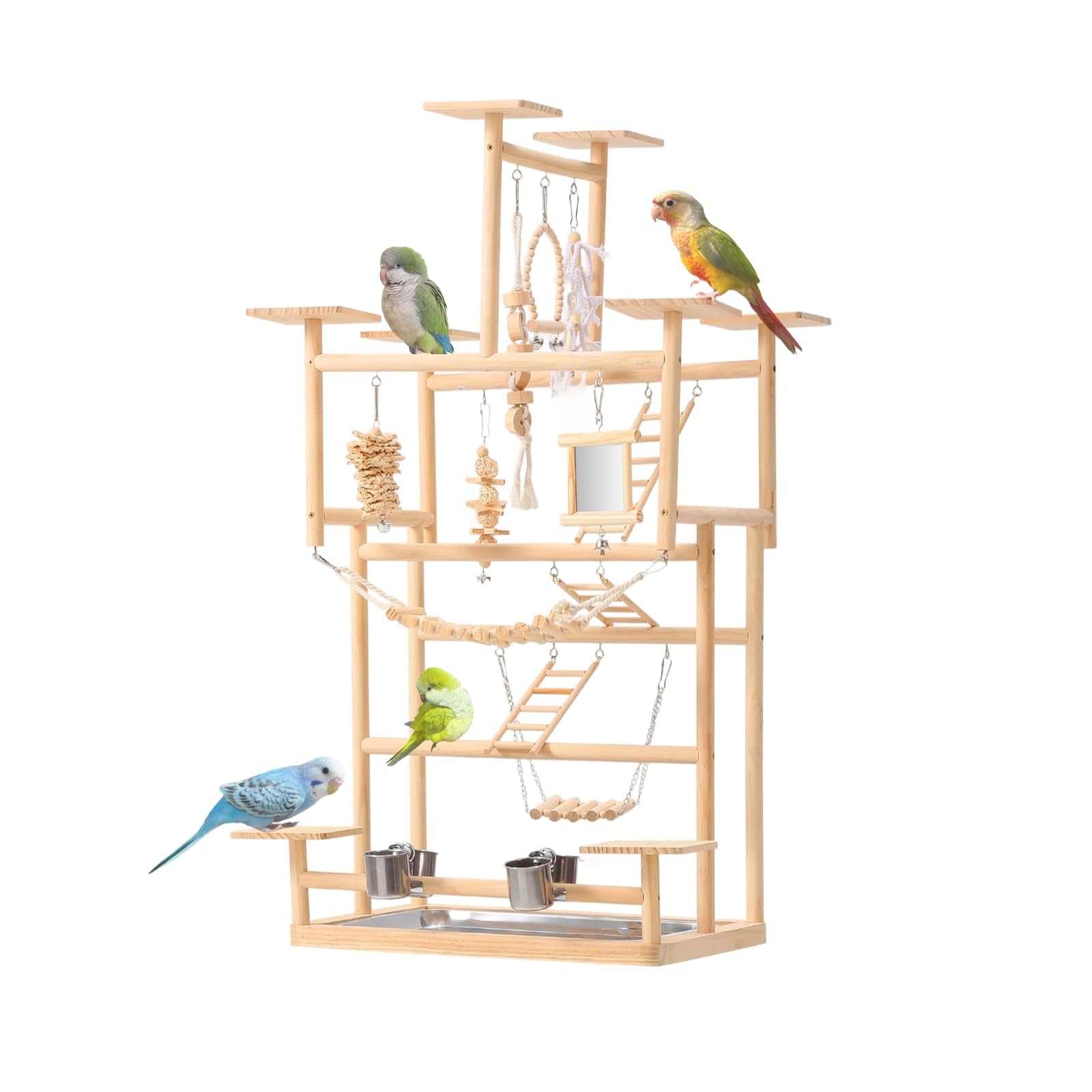 VELVETPAW Vogelspielplatz – 7-stöckiger Papageien-Spielständer aus Naturholz mit Futterspendern und Spielzeug, modulares zweistöckiges Vogelspielstudio, abnehmbarer Tischständer und abnehmbarer