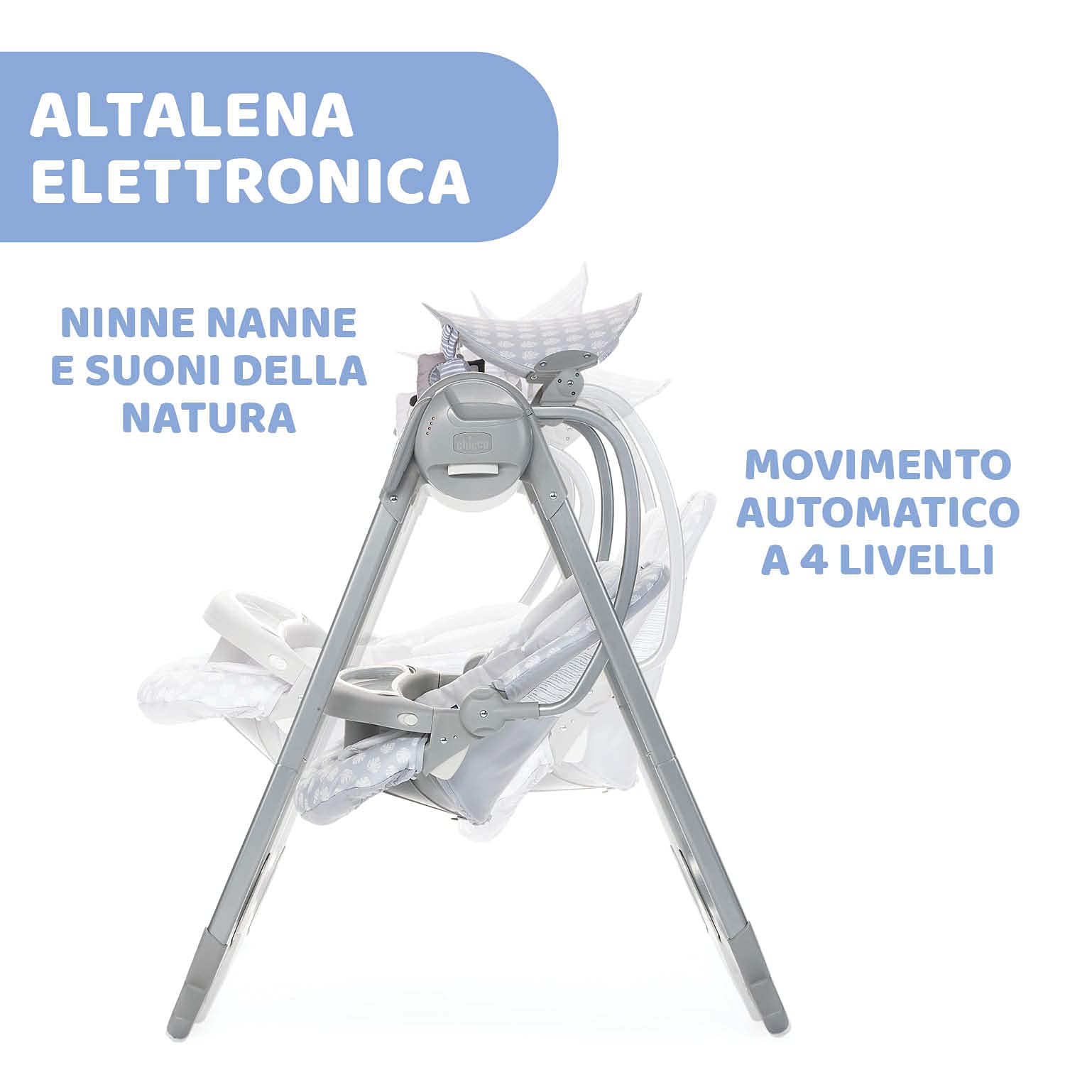 Chicco Polly Swing Up Altalena Elettrica Neonato da 0 Mesi a 9 Kg, Sdraietta Regolabile e Dondolo Automatico, con Vibrazione, Giochi Pendenti, Musiche e Telecomando, Chiusura Compatta, Leaf, Grigio