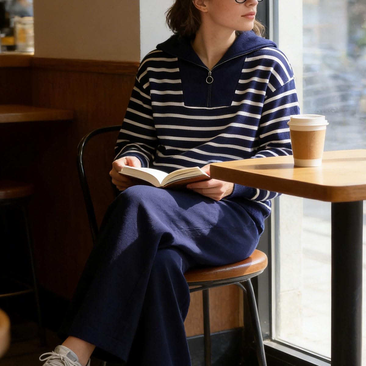 LEO'S VASE 2025 Fall Oversized Two Piece Sets for Women, Wide Leg Travel outfits for women, Striped Knit Matching set - Image 3