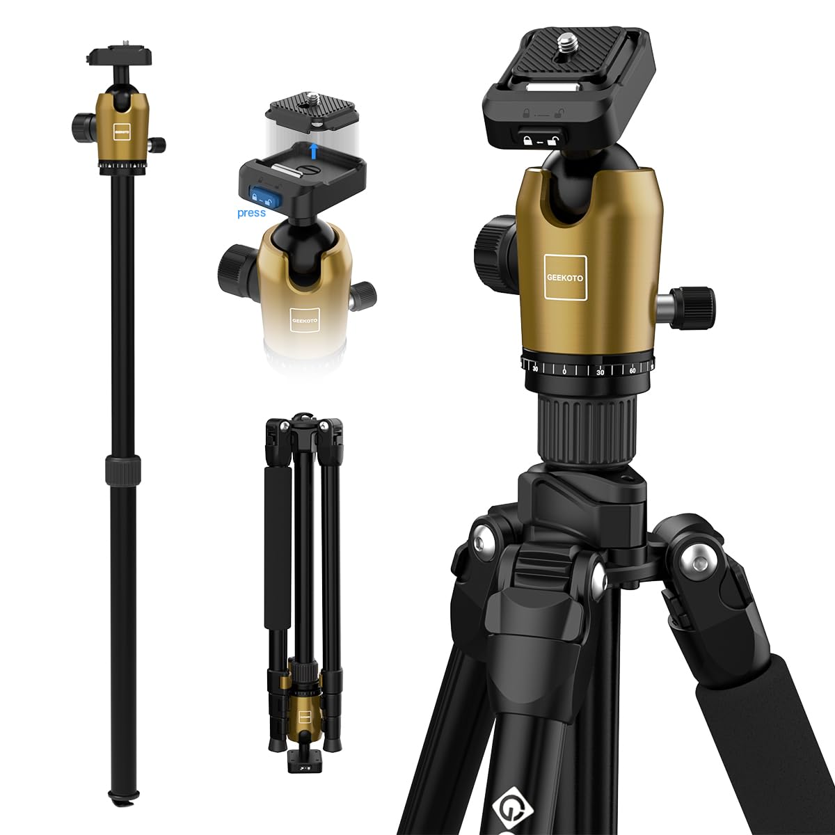 Geekoto 73-Inch Camera Tripod - Lightweight DSLR Tripod with 360° Ball Head & Quick Release Plate, Supports Up to 33.07 lbs, Portable for Travel & Outdoor Photography