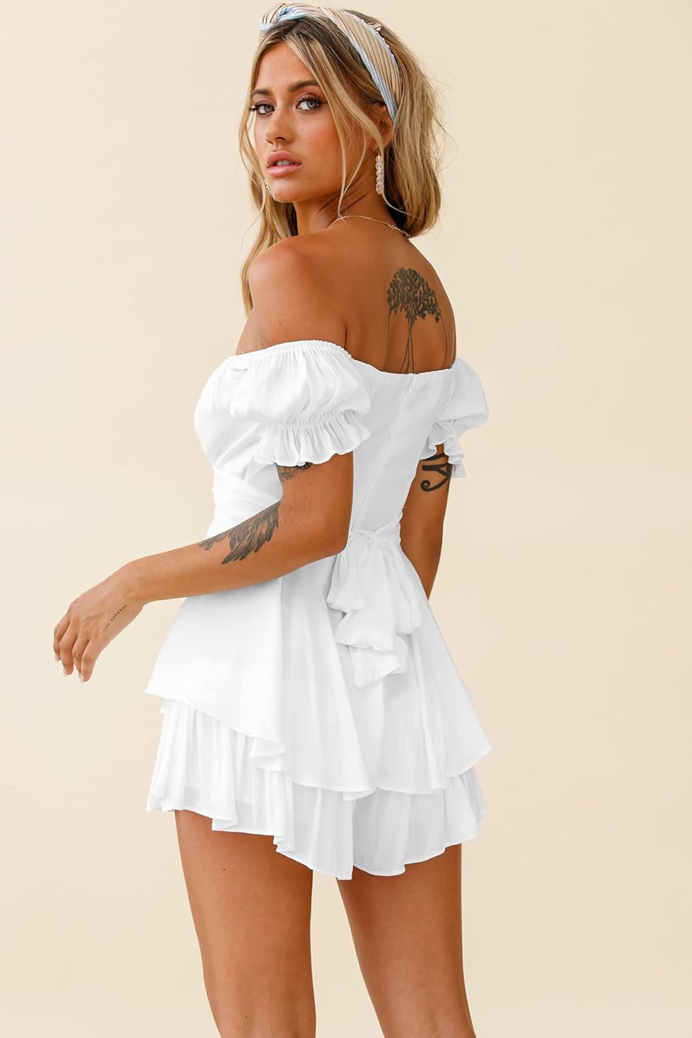 Womens Off Shoulder Boho Short Romper Ruffle Chiffon Tie Waist Shorts Jumpsuit Playsuits - Image 3