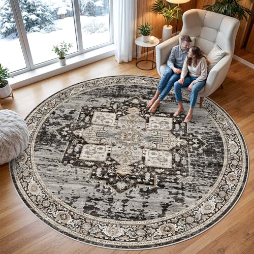 RUUGME Washable 9ft Round Rug - Large Boho Rugs for Living Room Stain Resistant Carpet Vintage Tribal Rugs for Bedroom Kitchen Dining Room with Non Slip Backing Decor Floor Mat 9ft Black