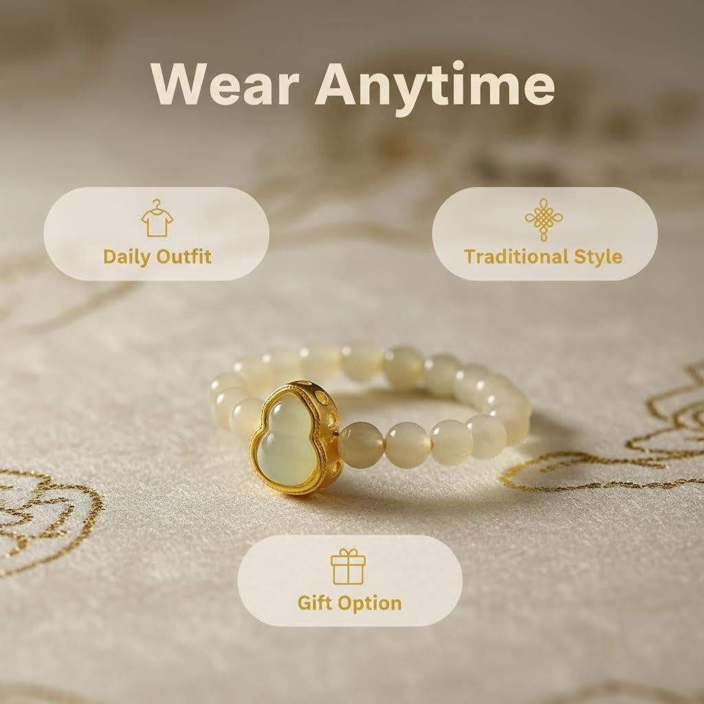 ANNIE WU Natural Yellow Jade Beaded Ring with Jade Gourd Pendant, Gold-Plated Chalcedony Ring for Women, Traditional Lucky & Prosperity Jewelry, Gift Box Included
