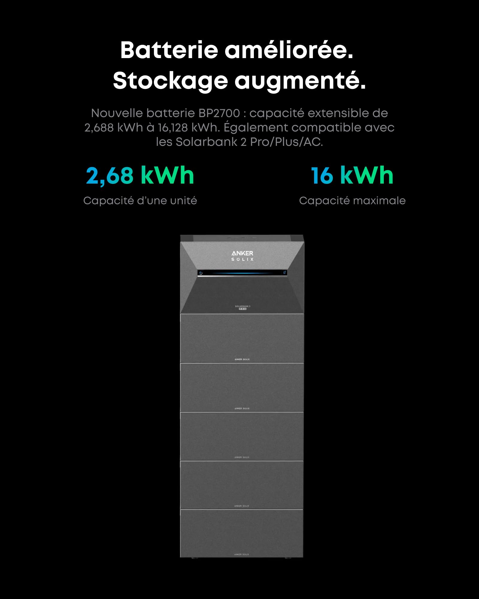 Anker SOLIX BP2700, Batterie additionnelle pour Solarbank 3 Pro, capacité 2,68 kWh, Extensible 16,128 kWh, modulaire, PluginPower, Batterie LiFePO4 6 000 Cycles, Technologie Thermal Boosting, IP65 | Capacité : 2,68 kWh, extensible jusqu'à 16,128 kWh, desi