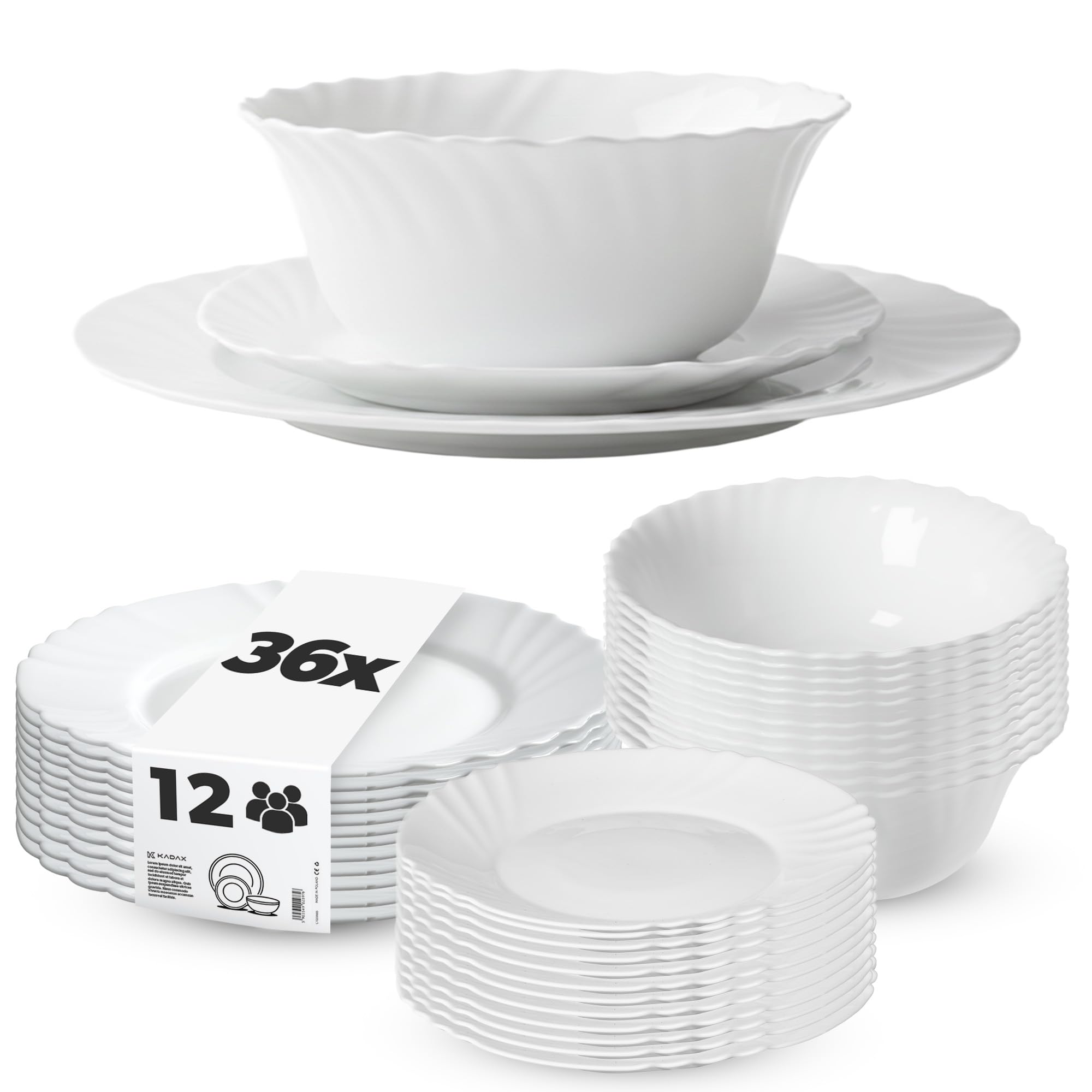 KADAX Geschirrservice 36-teilig, Geschirrset für 12 Personen, Tafelservice mit Müslischale, Dessertteller & Speiseteller, Tellerset aus Opalglas, Geschirr Set (Weiß)