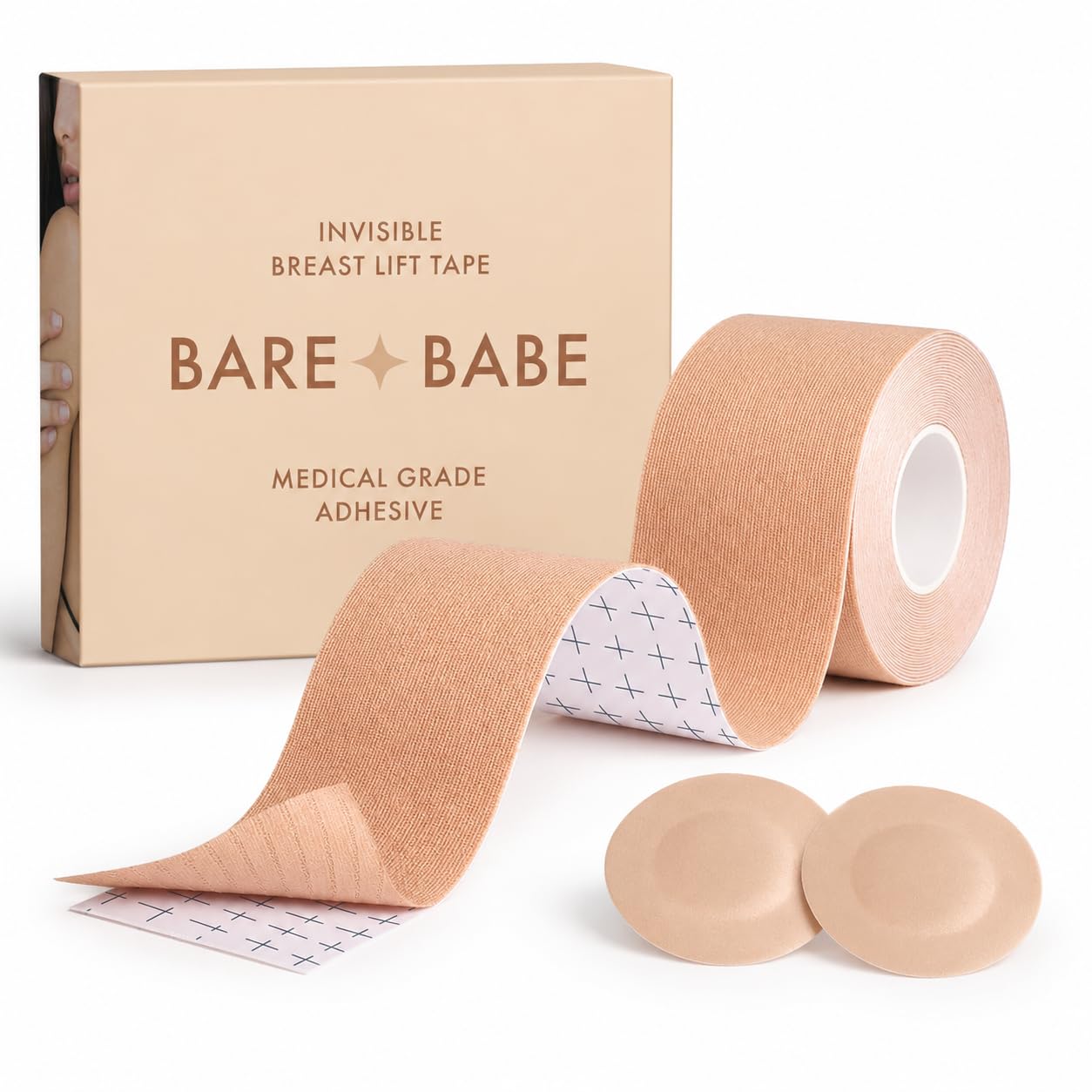 Bare Babe Boob Tape for Breast Lift, Hypoallergenic Adhesive Tape with 10 Satin Nipple Covers, Strapless Bra, 2 in