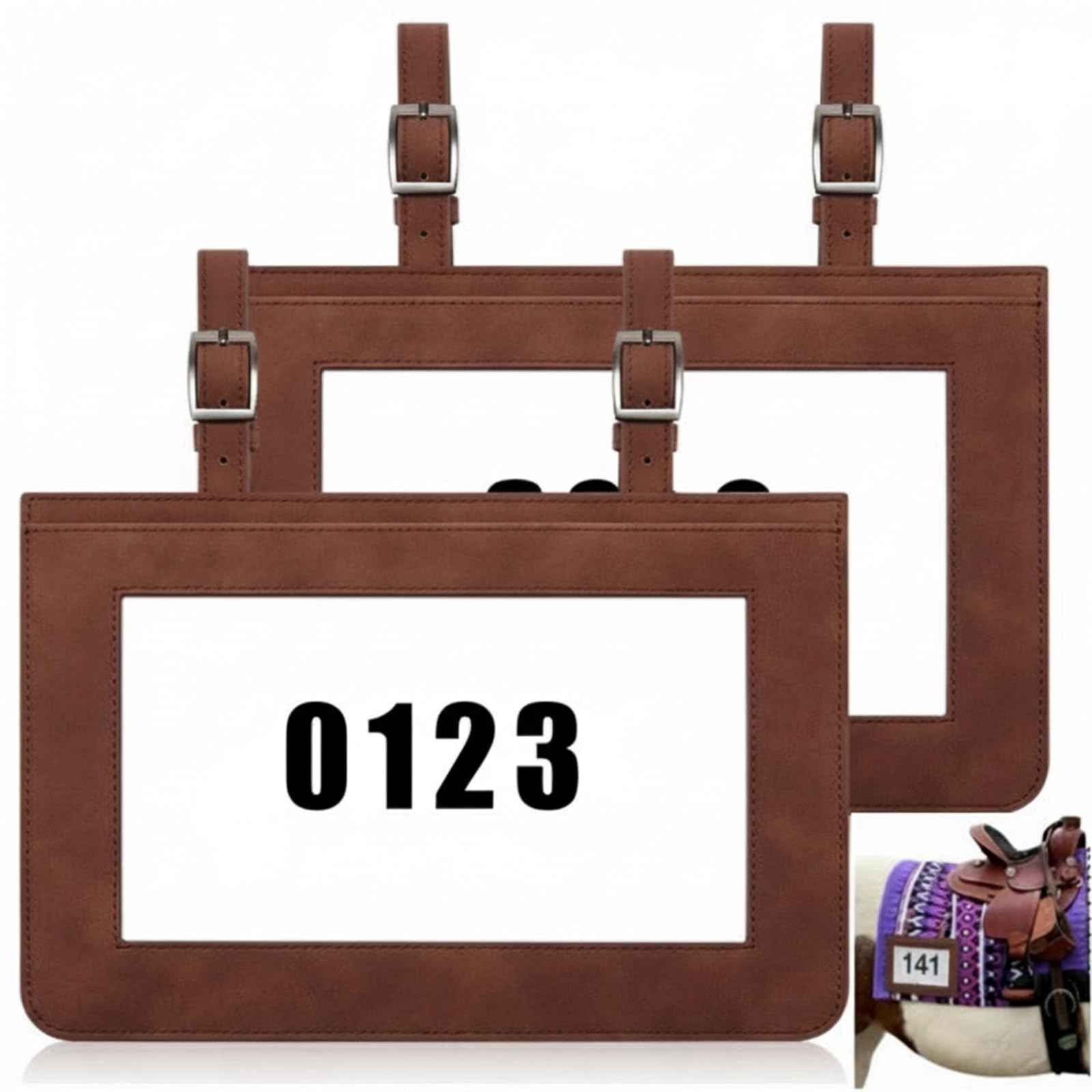 Fullhawl 2 Pcs Horse Number Holder Leather Clip, Brown, Solid