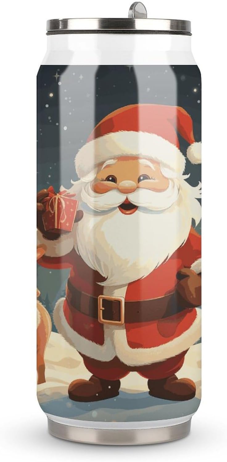 Stainless Steel Cups Christmas Santa Claus Printed Coke Cup Stainless Steel Insulated Cups with Lid And Straw