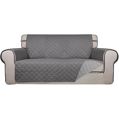 PureFit Reversible Quilted Sofa Cover, Water Resistant Slipcover Furniture Protector, Washable Couch Cover with Non Slip and Elastic Straps for Kids, Dogs, Pets (Oversized Loveseat, Gray/Light Gray)