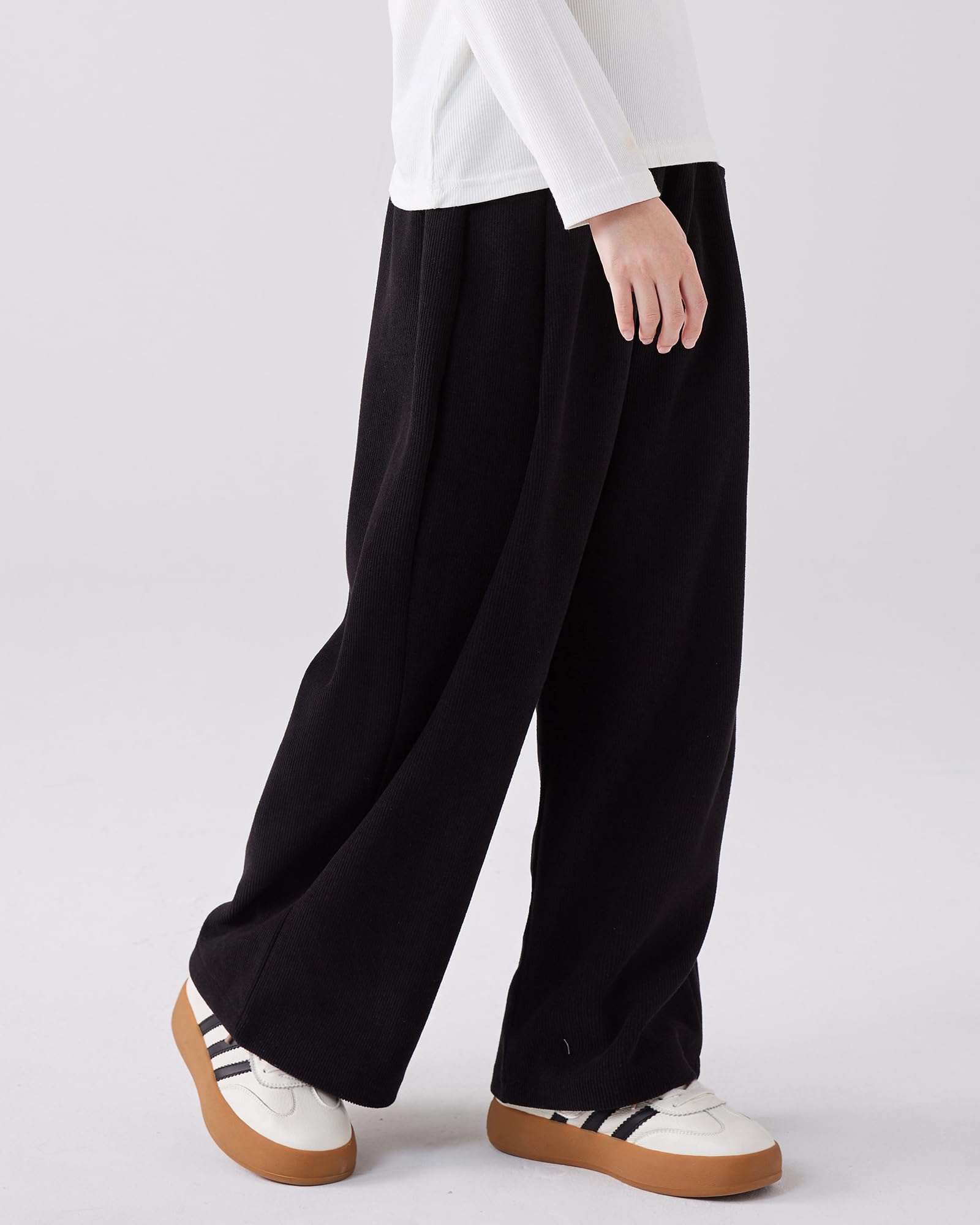 KAKU NANU Pantalones para niñas, cintura elástica, pierna ancha, 2 bolsillos, negro, marrón, beige, rosa, 5-13 años