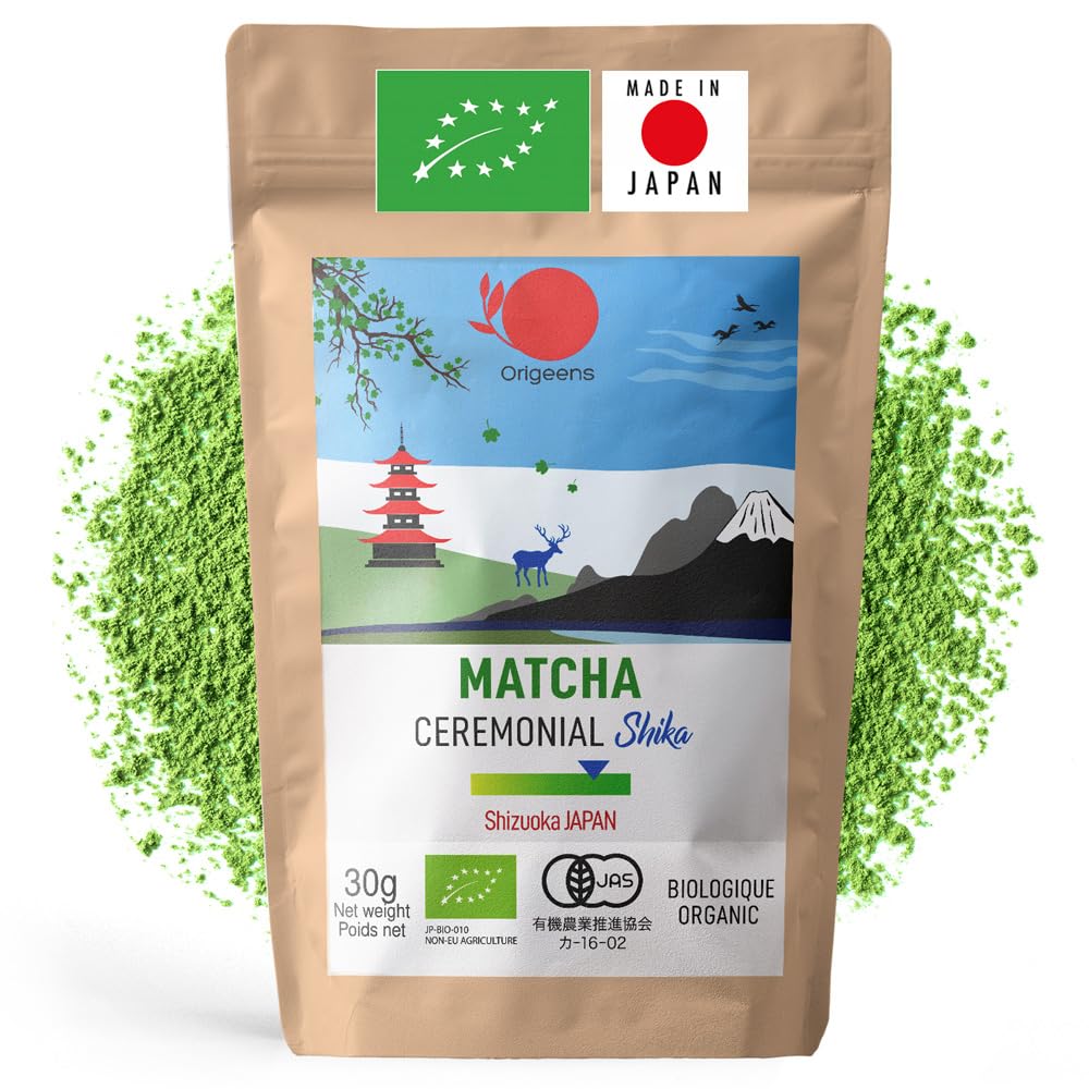 ORIGEENS BIO MATCHA CEREMONIAL GRADE "SHIKA" - Japanischer Bio Tee, Herkunft Shizuoka - Matcha Latte/Usucha - 30g-Nachfüllbeutel - Grüntee Matcha Pulver Bio Ceremonial Grade