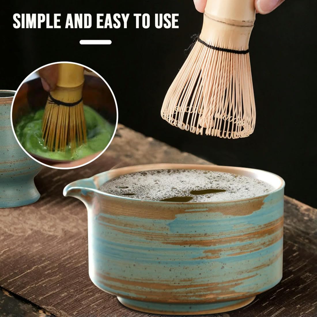 Matcha-Schneebesen-Set und Schüssel, Matcha-Zubereitungsset, Schneebesenschüssel mit Ausguss, Pulverstarter-Sieb, Keramik-Schneebesenhalter, Matcha-Tee-Set