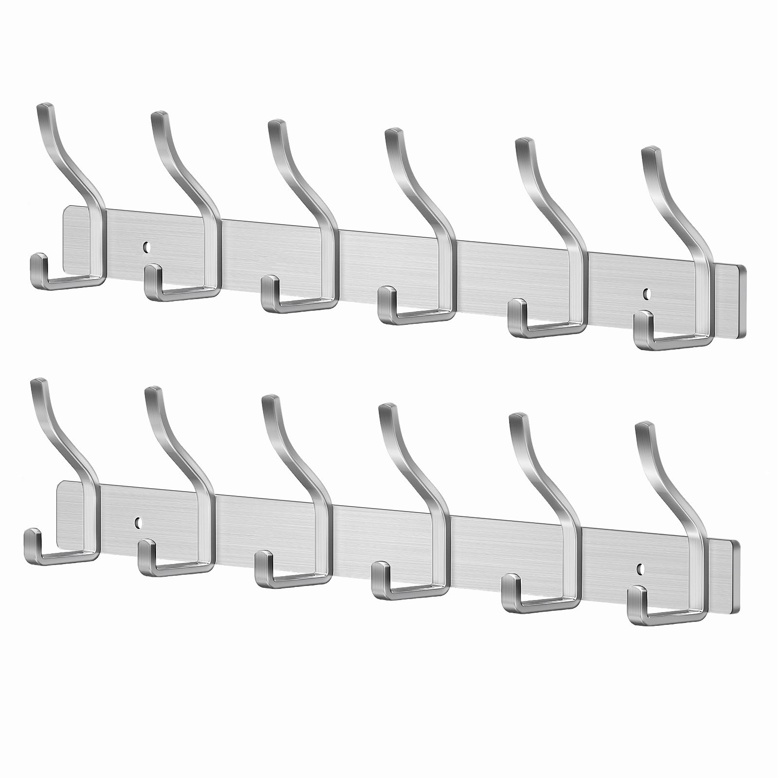 MEIJO Coat Hooks Wall Mounted Stainless Steel, Silver Coat Rack Wall Mounted with 6 Hooks Heavy Duty Coat Hooks for Door, Bathroom, Bedroom, Kitchen (Silver, 6 Hooks, 2 Pack)