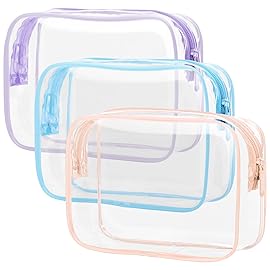 PACKISM Clear Toiletry Bag 3 Medium - TSA Approved Toiletry Bag Quart Size Bag, Travel Makeup Cosmetic Bag for Women, Carry on Airport Airline Compliant Bag, Blue-Purple-Pink