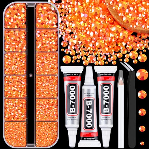 Resin Jelly Rhinestones for Crafting with B7000 Jewelry Glue 1 Box Orange AB Flatback Crystal with 3Pcs 10ml Glue Bedazzling Non Hotfix Gems for DIY Tumblers Clothing Shoes Manicure