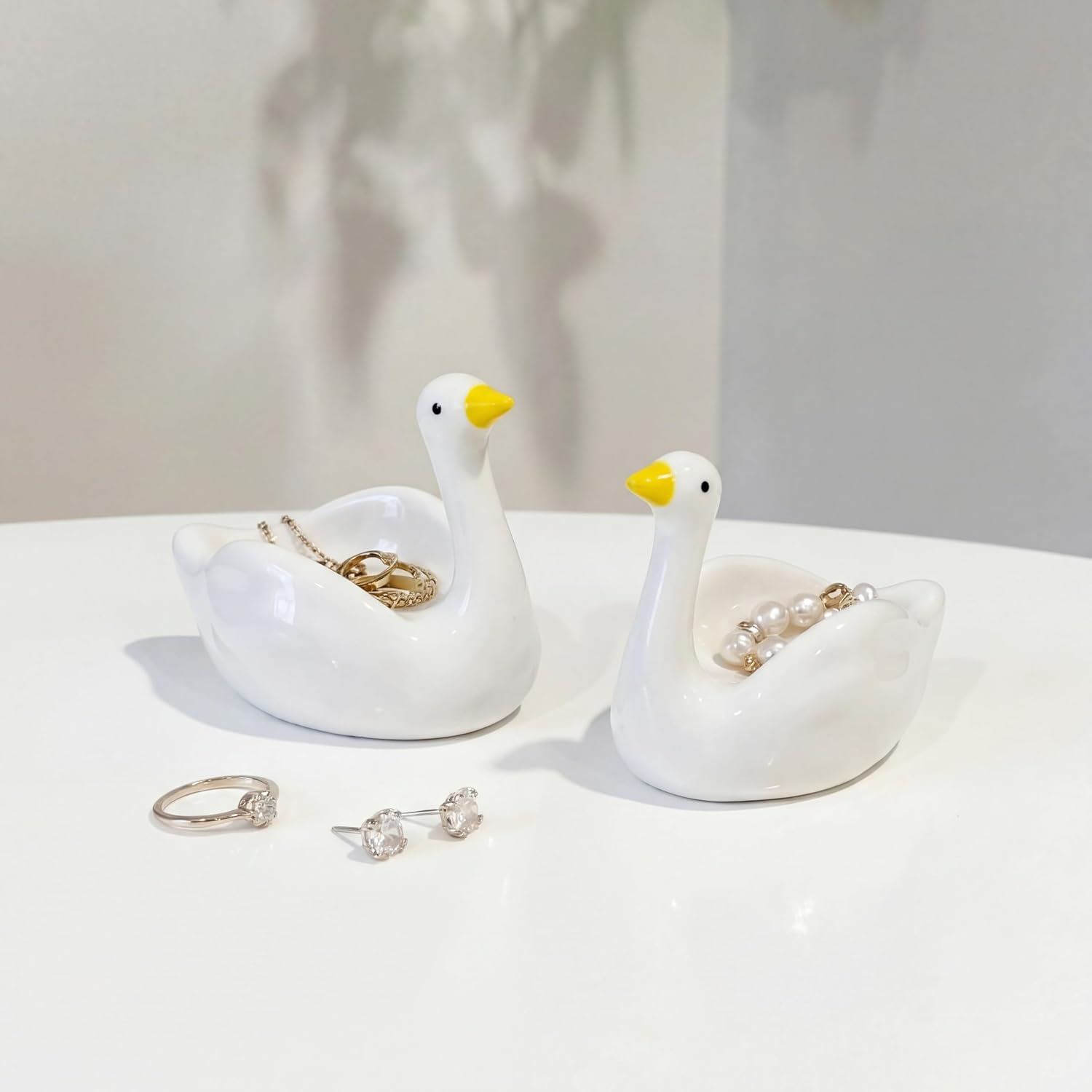 2 Pcs Silly Goose Jewelry Tray Trinket Dishes Ceramic Ring Holder Small Trinket Bowl Cute Decorative Silly Goose Room Decor Vanity Accessories for Rings Earrings Necklaces Watch Keys