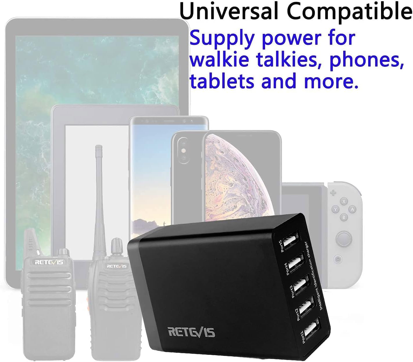 Retevis 5-Port USB Wall Charger Radio Charging Station Compatible with RT68 RB28 RT19 RT22P NR10 RT18 RT22S H777 RB89 RT86 RT45P RB29 Baofeng Cobra HYT Walkie Talkies and iPhone (1 Pack)