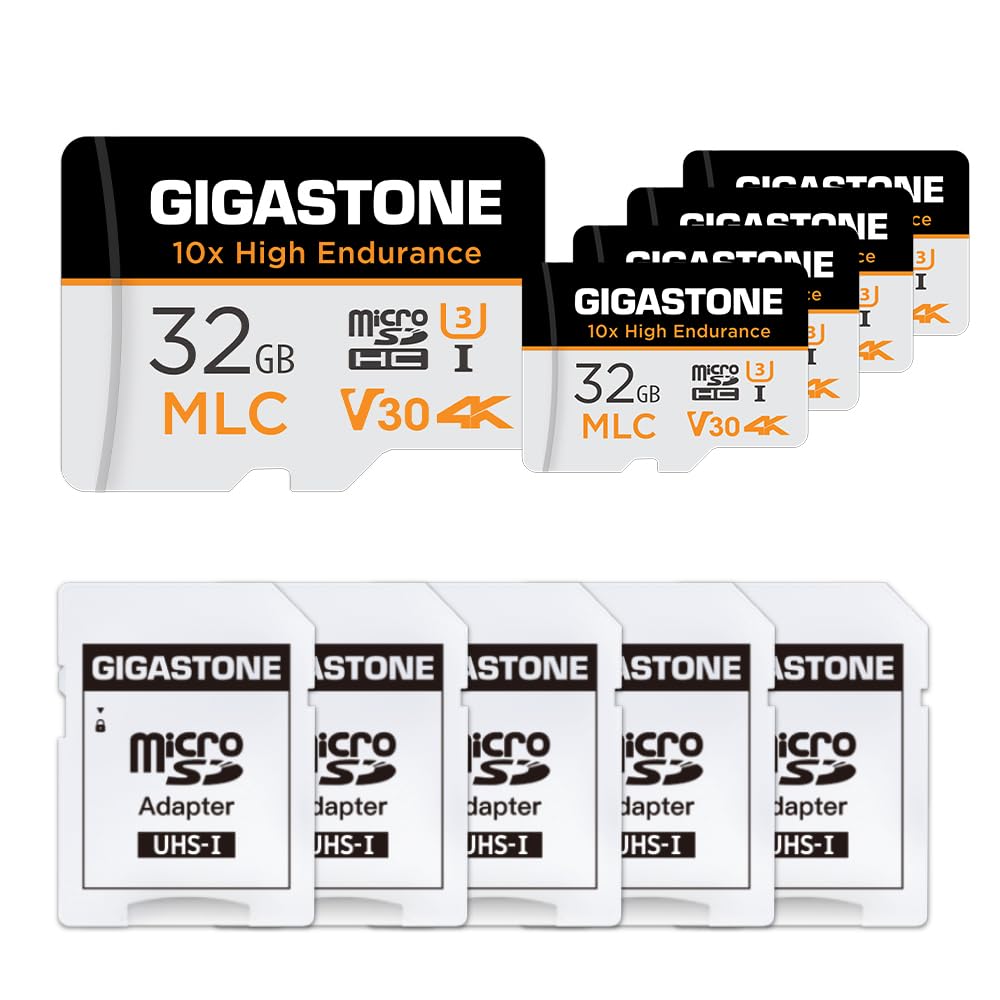 [10x High Endurance] Gigastone Industrial 32GB MLC Micro SD Card 5 Pack, 4K Video Recording, Security Cam, Dash Cam, Surveillance Compatible 95MB/s, U3 C10, with Adapter