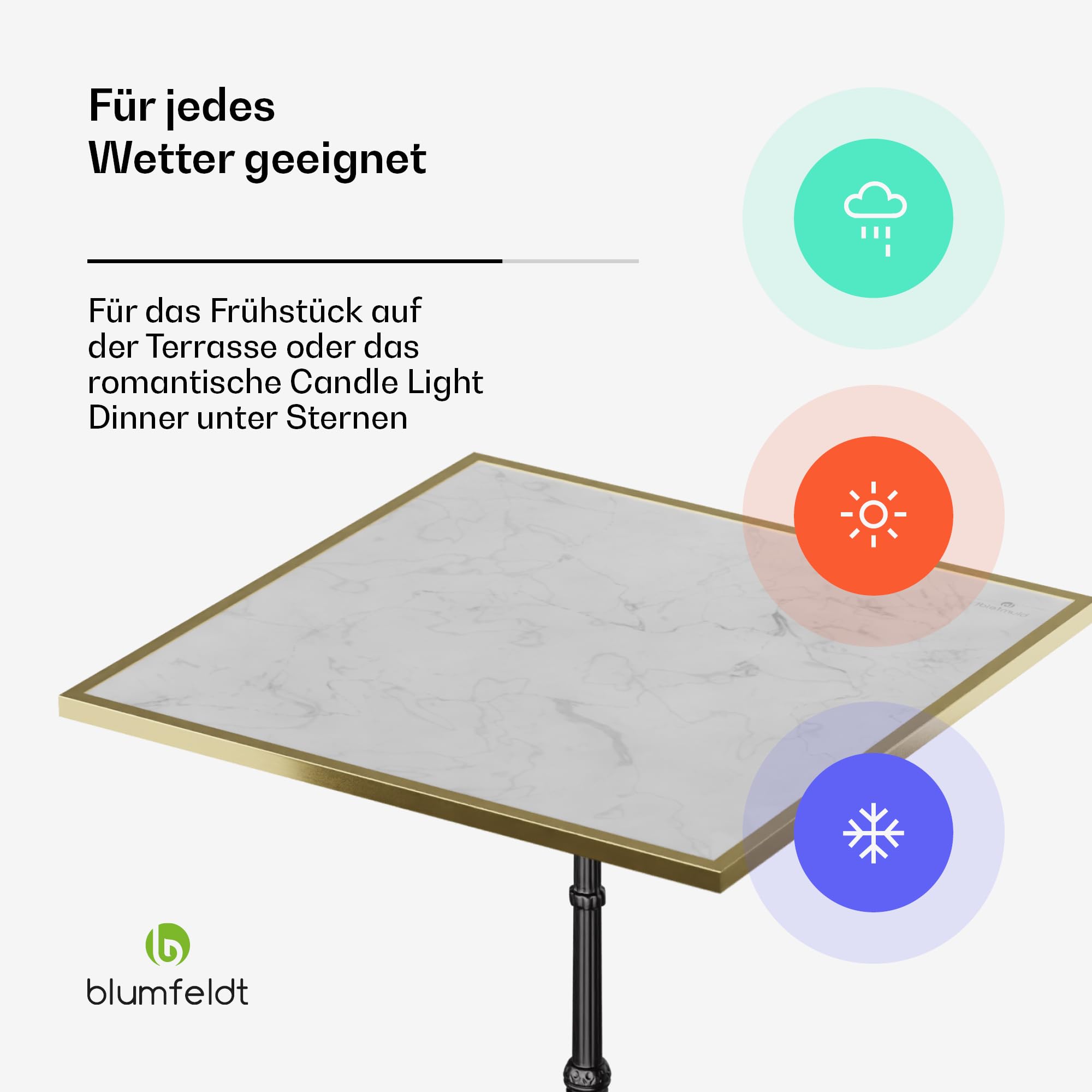 blumfeldt Bistrotisch – 60x60 cm Marmorplatte, Jugendstil-Design, Wetterfest, Gusseisenfuß, Ideal für Garten & Balkon, Einfacher Aufbau