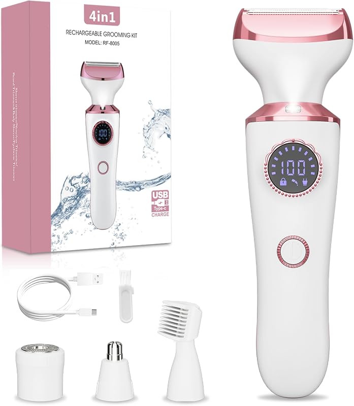 Barbeador elétrico feminino RUIBO 4 em 1 com luz LED, display, trava para viagem e cabo USB-C