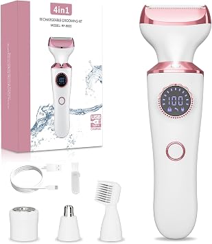 Electric Razor for Women, 4-in-1 Bikini Trimmer & Body Shaver for Face, Legs, Underarms, Pubic Hair, Rechargeable Wet/Dry Painless Hair Removal with LED Light & Travel Lock