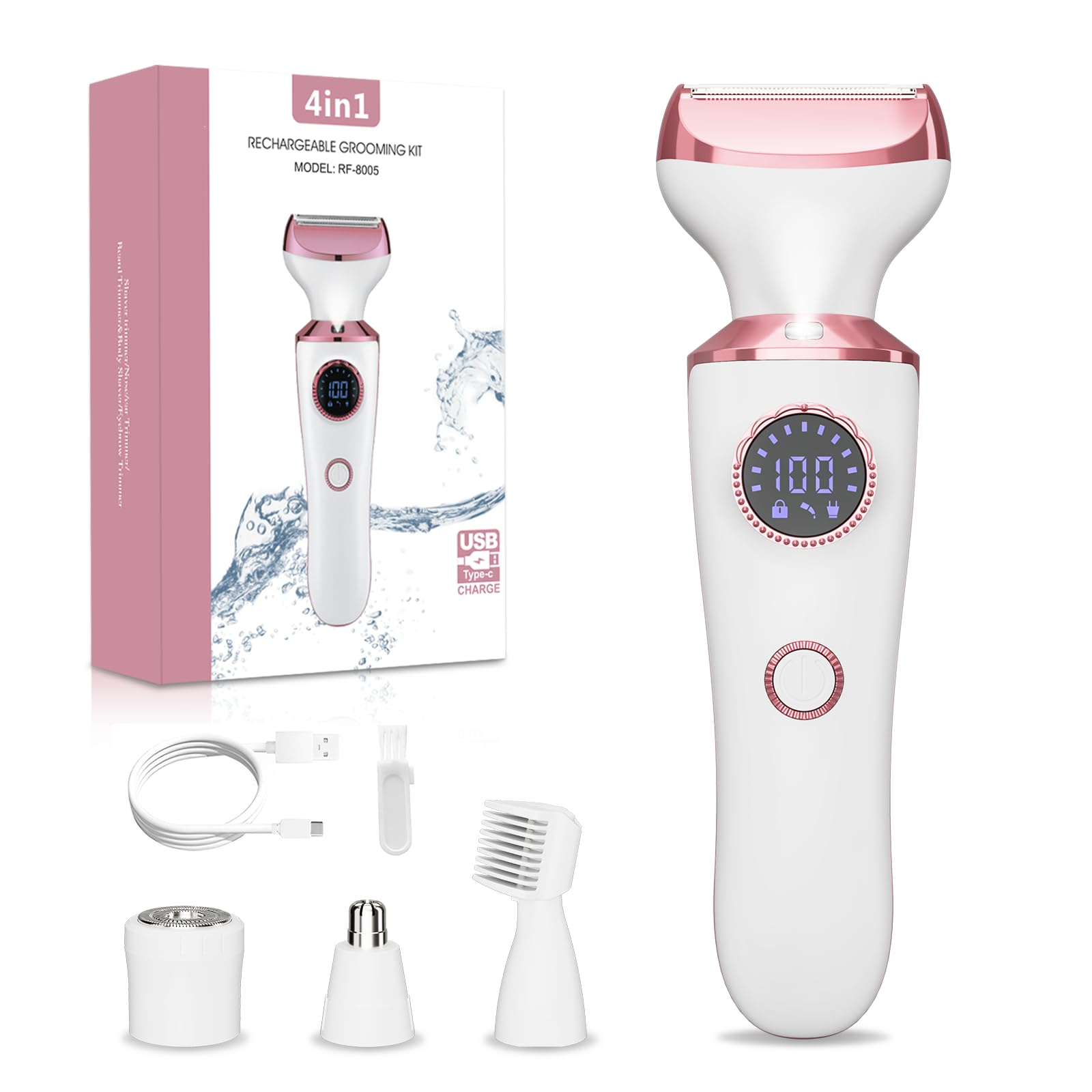 Electric Razor for Women, 4-in-1 Bikini Trimmer & Body Shaver for Face, Legs, Underarms, Pubic Hair, Rechargeable Wet/Dr
