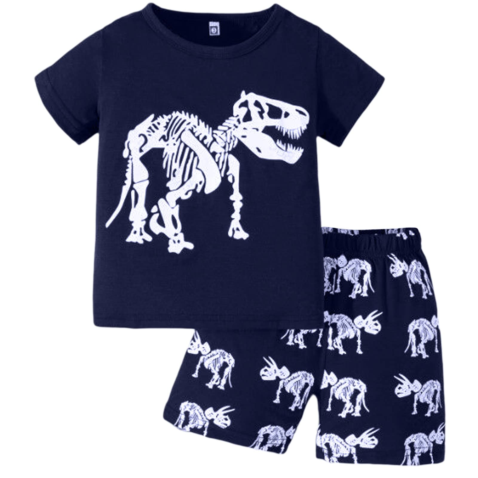 Cotton 𝐏a𝐣amas for Toddler Boys Cool Dinosaur Print Comfort 𝐋oun𝐠ewear Short Sleeve Shirt with Shorts 𝐒lee𝐩wear 2PCS