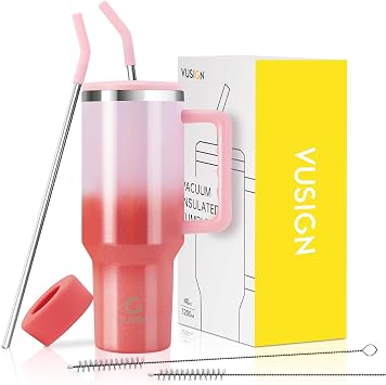 VUSIGN 40 oz Tumbler with Handle and Straw Lid, Stainless Steel Vacuum Insulated Tumbler Travel Mug Water Bottle Cup for Water Iced Tea Coffee Smoothie Car, Flamingo