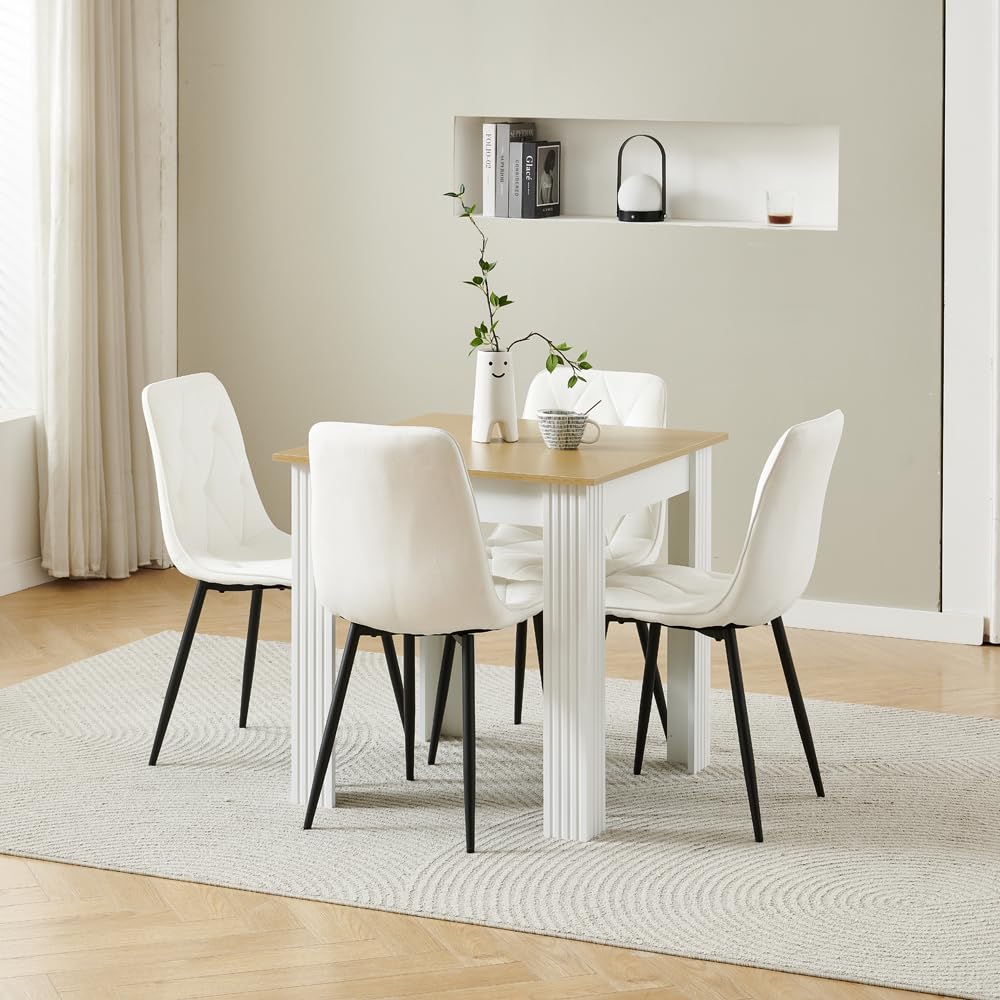 Homullel 75x75 cm Small Dining Table and 4 Chairs, 4 Seater Table and Chairs Set Kitchen Dining Room Set for 4, Compact, Space Saving, Wooden Tabletop Maple (4 Seats, Flannel Diamond White) โ image 1