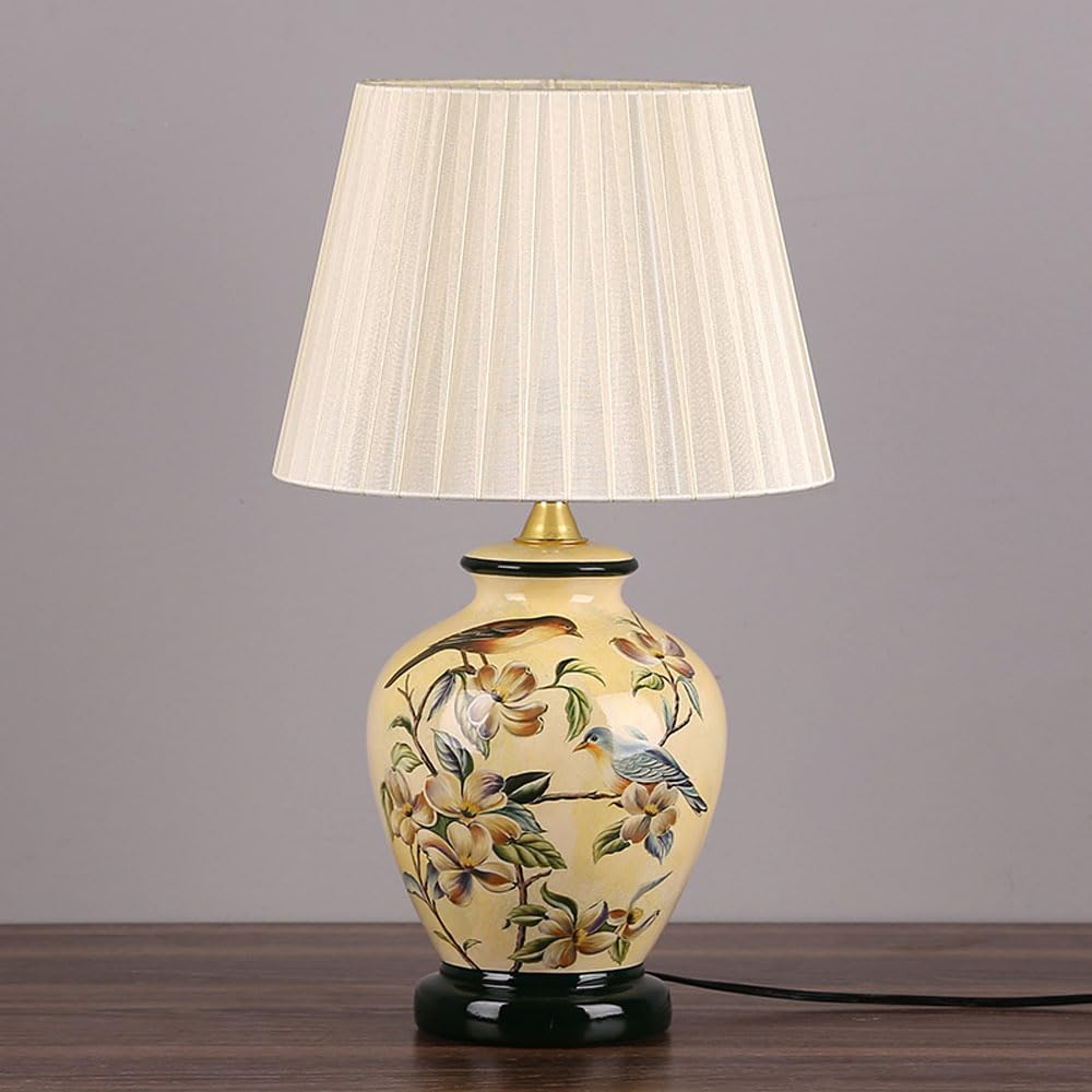 asdchZen American Flower And Bird Ceramic Table Lamp,Chinoiserie E27 Table Lamp, Classic Cottage Bedside Desk Nightstand Lamp For Bedroom Living Room Office College Bookcase-B,D
