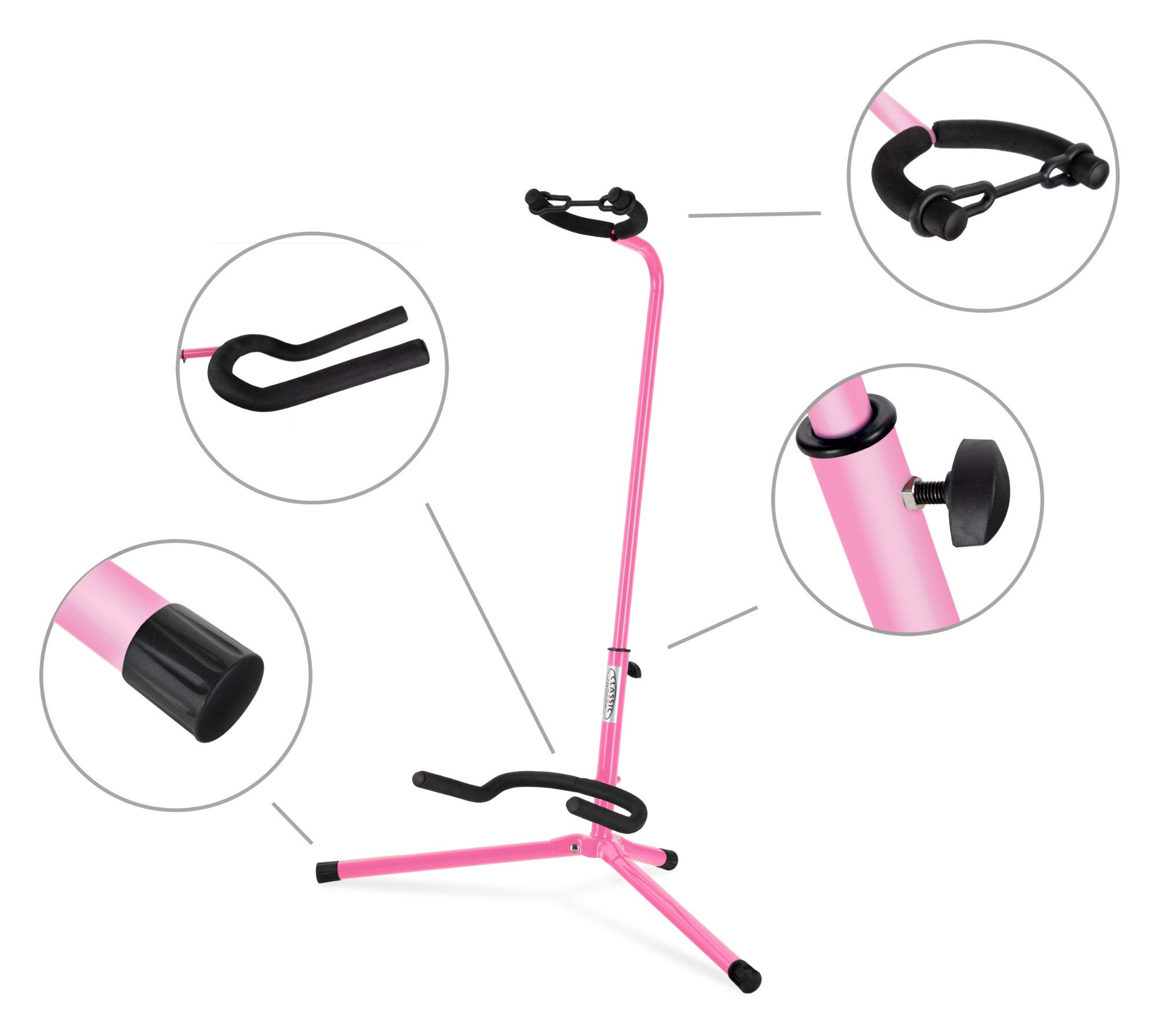 5x Classic Cantabile Gitarrenständer - Universal Gitarrenständer für Konzertgitarre, Westerngitarre, E-Gitarre, E-Bass - Gepolsterte Auflage - Klappbarer Gitarrenständer - Pink