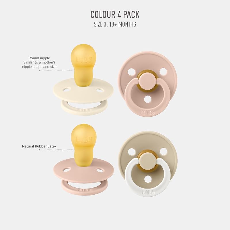 BIBS Dummies Colour 4-Pack, BPA Free Dummy Pacifier, Round Nipple Soothers, Natural Rubber Latex, Made in Denmark. 18+ Months (Pack of 4), Blush Glow Mix
