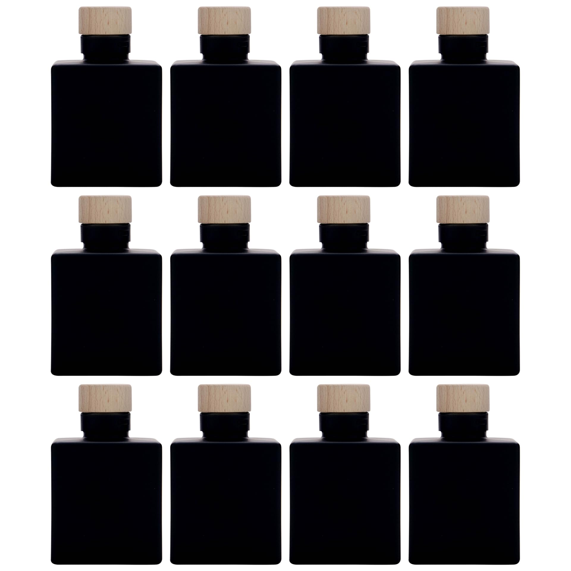 Juego de 12 botellas de cristal de 100 ml, cuadradas, color negro mate con corcho de madera