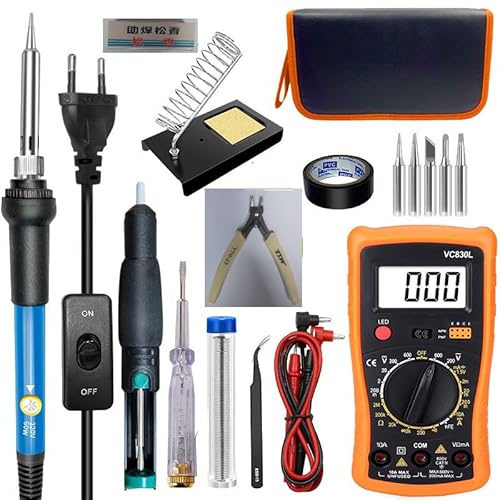 Set di saldatori da 60 W, temperatura regolabile 180 – 500 ℃, set di saldatura 17 in 1 con multimetro digitale, 5 punte di saldatura, saldatore, stagno, pompa dissaldante, set di saldatura per lavori