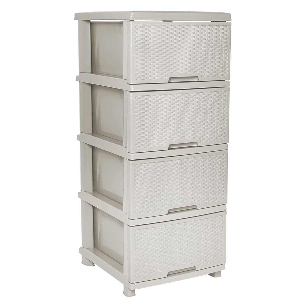 KMND Kommode schmal hoch mit 4 Schubladen | Kunststoff Kommode Rattan Optik | Schubladenkommode Aufbewahrung für Bad Küche Wohnzimmer Schlafzimmer | platzsparender Schrank Organizer Möbel, Weiß-rosa