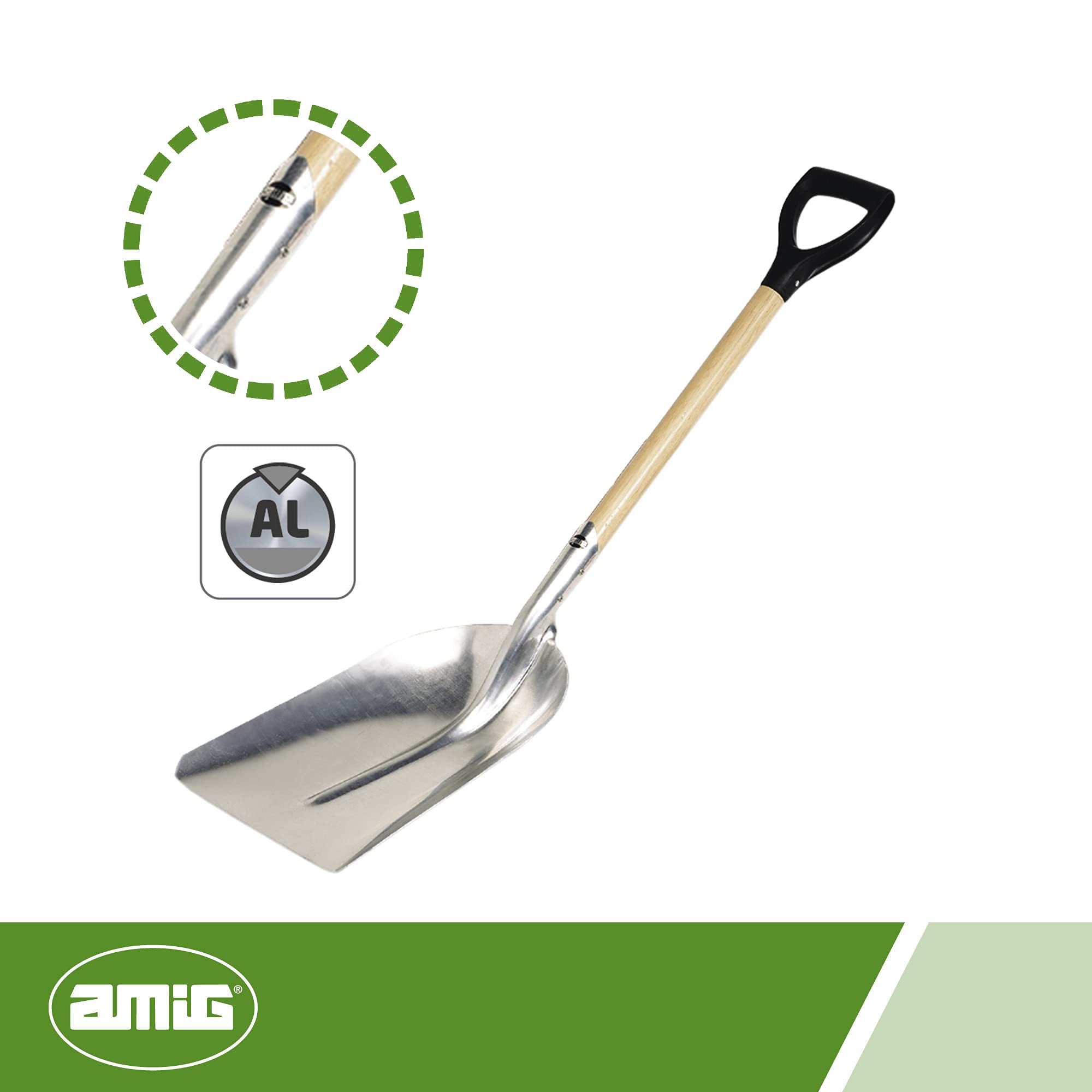 Amig - Pala de Aluminio Cuadrada con Mango de Madera Ergonómico Especial Quitanieve y para Mover y Recoger Hojarasca o Grava - 110 cm, Ligera y Resistente para Uso Doméstico o Profesional, Gris