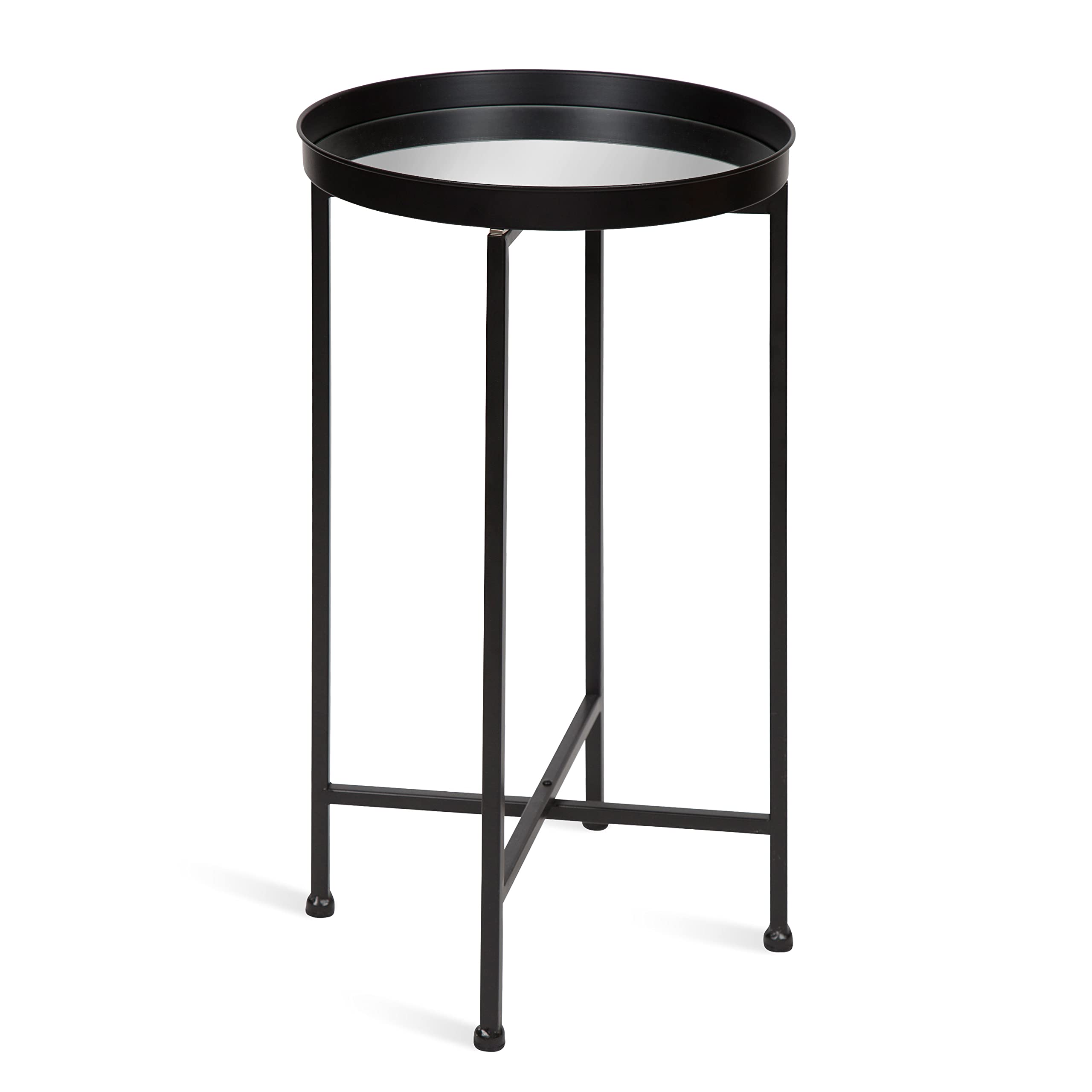 Kate and Laurel Celia Round Metal Foldable Accent Table with Mirror Tray Top, Black
