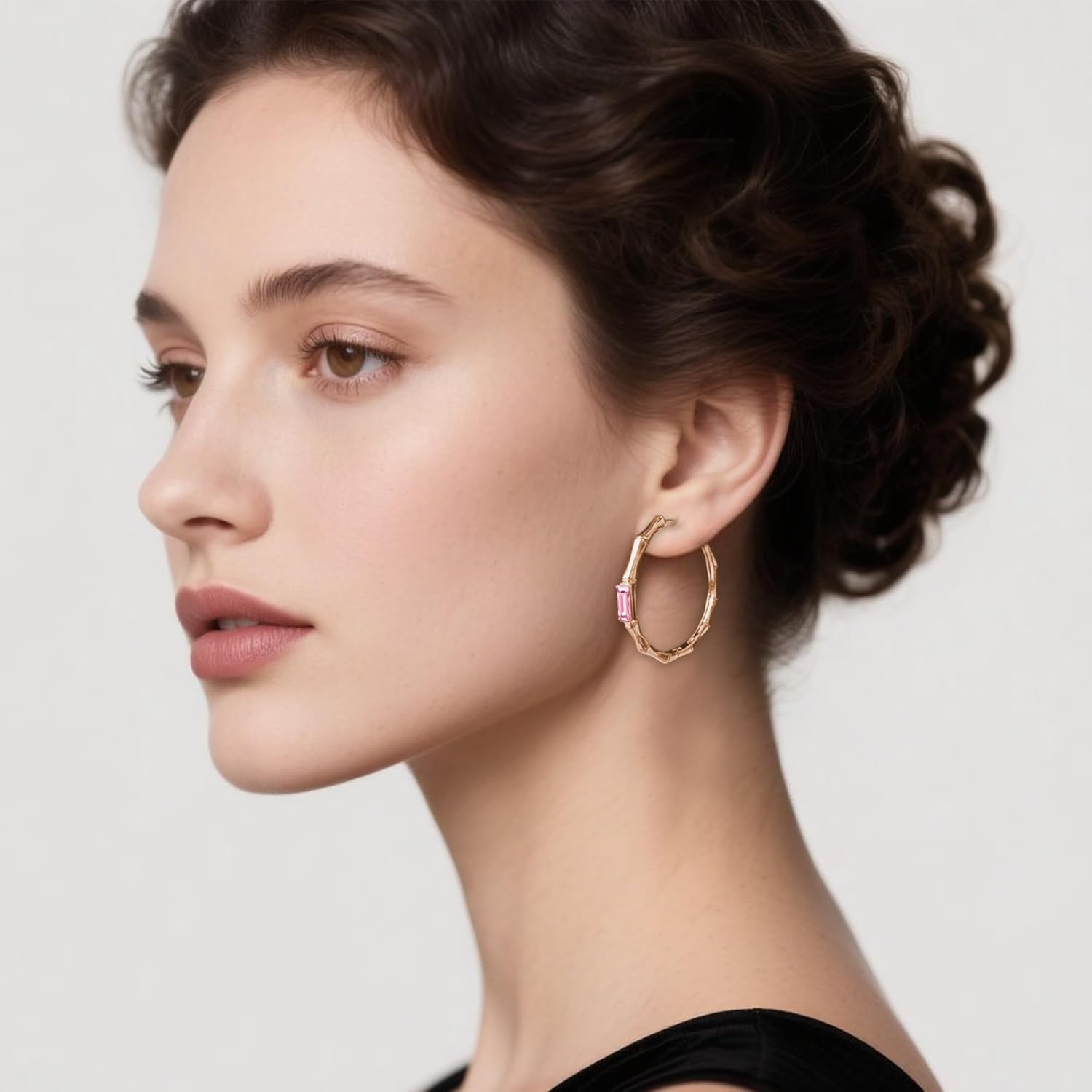 EVEVIC Austrian Crystal Lightweight Bamboo Gold Hoop Earrings for Women 14K Rose Gold Plated Hypoallergenic Earring Jewelry Gift - Image 2